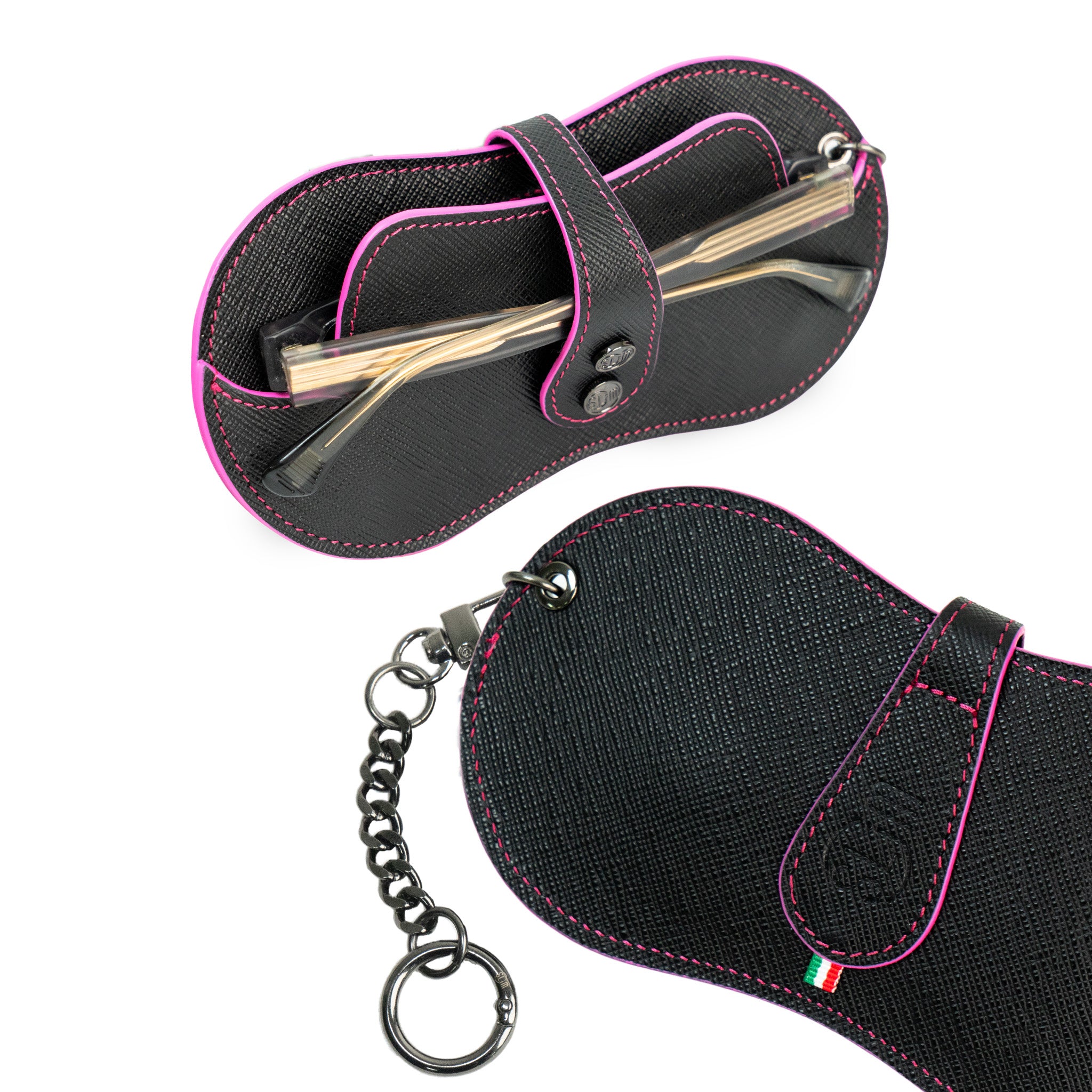 SLim Vision portaocchiali vera pelle nero cuciture fucsia