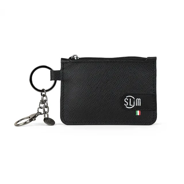 SLim Portachiavi portamonete pelle saffiano nero moschettone