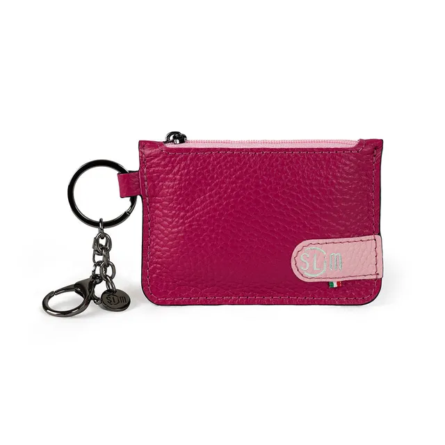 SLim Portachiavi Portamonete Bottalato Fucsia pelle 10x7