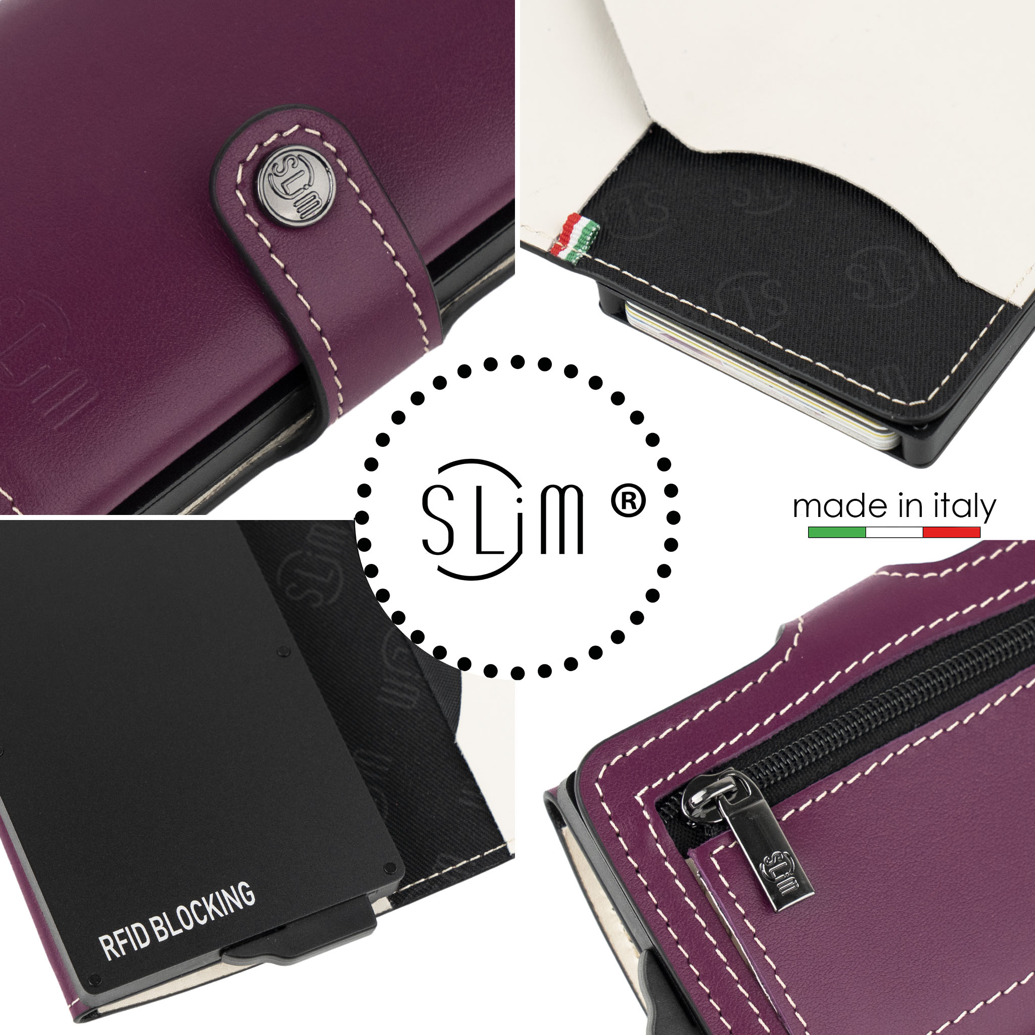 SLim Vera Pelle porta carte viola melanzana panna RFID