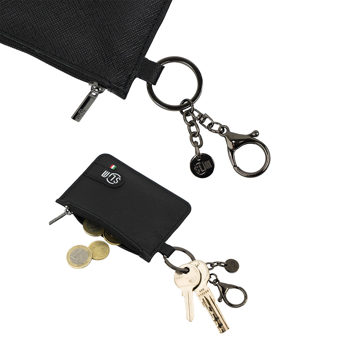 SLim Portachiavi portamonete pelle saffiano nero moschettone