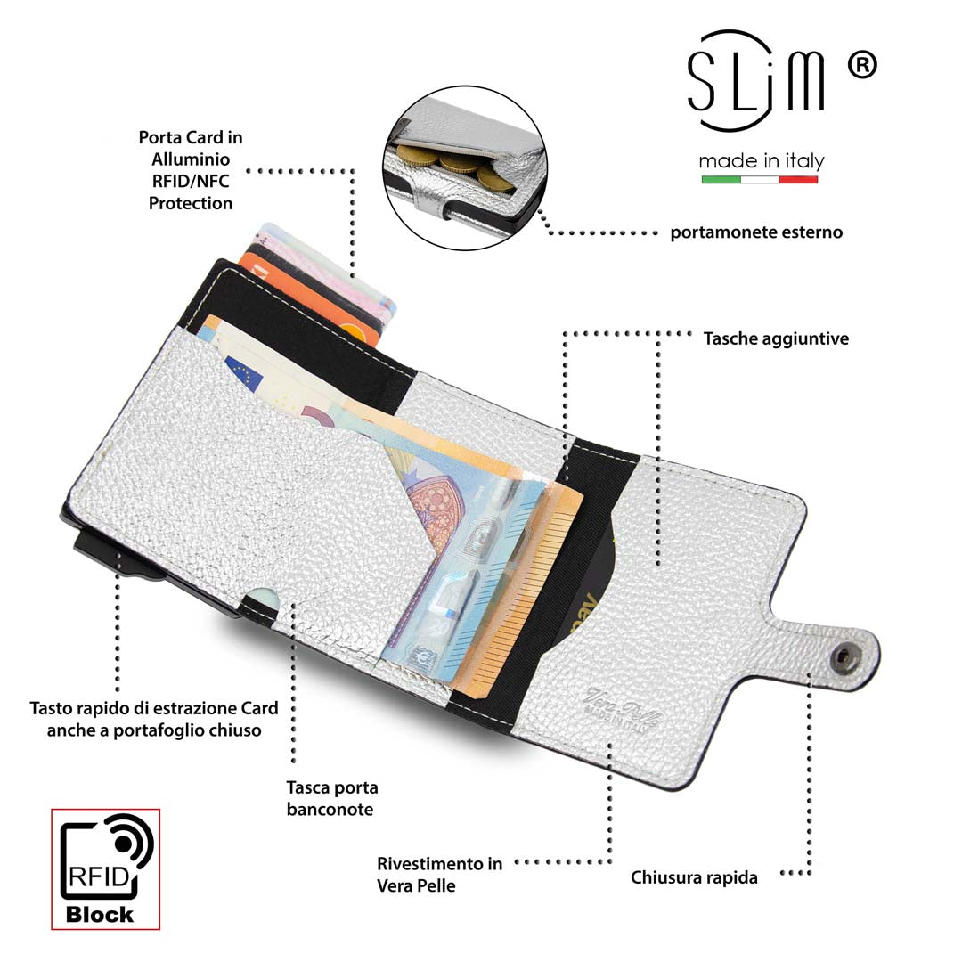 SLim Bottalato Portafoglio Metal Argento Zip Porta Monete RFID