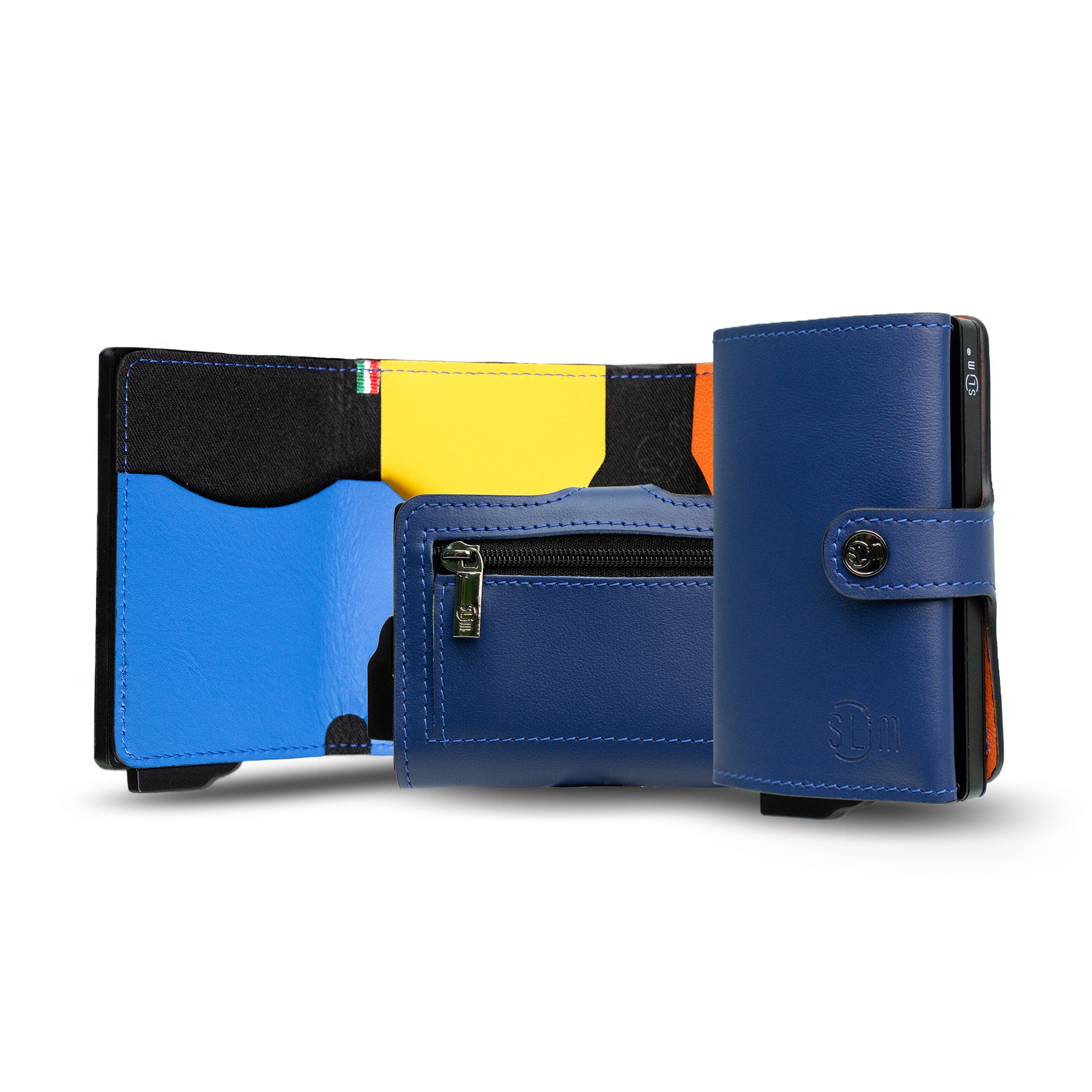 SLim Vera Pelle Portacarte Blu Multicolor con Zip Portamonete