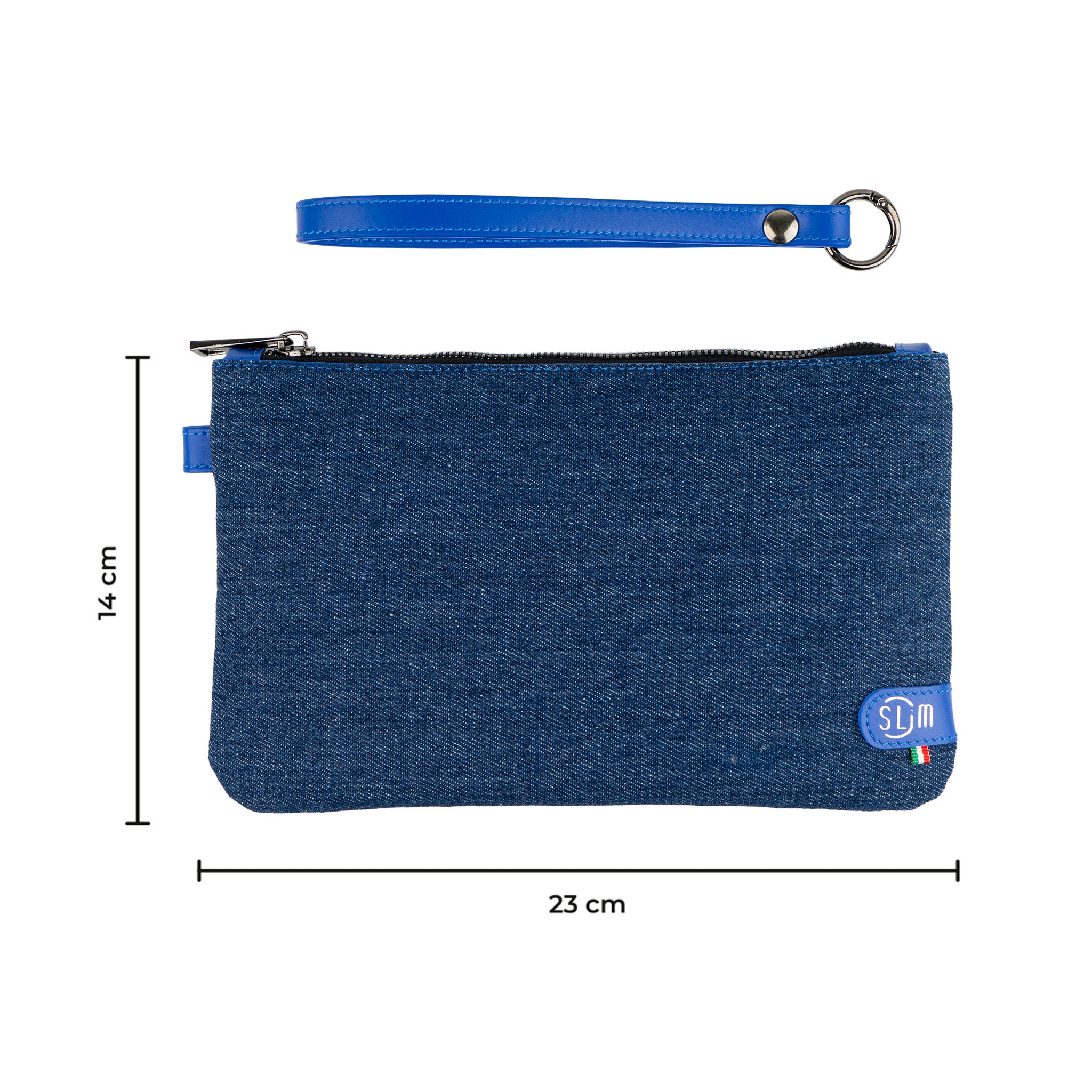 SLim Pochette Polsiera Vera Pelle Jeans Blu Elettrico 23x14 cm