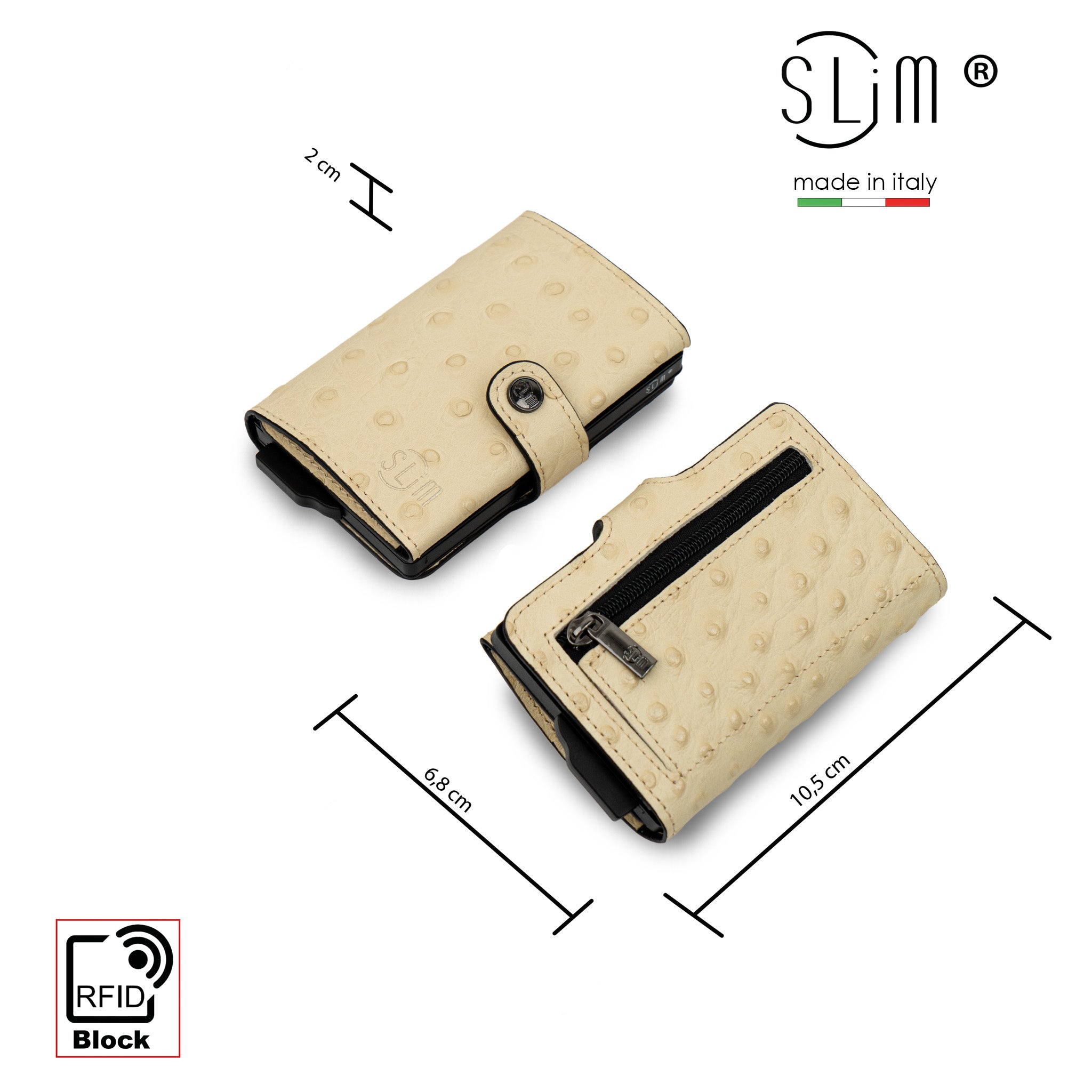 SLim Vera Pelle Portafoglio Struzzo Beige RFID