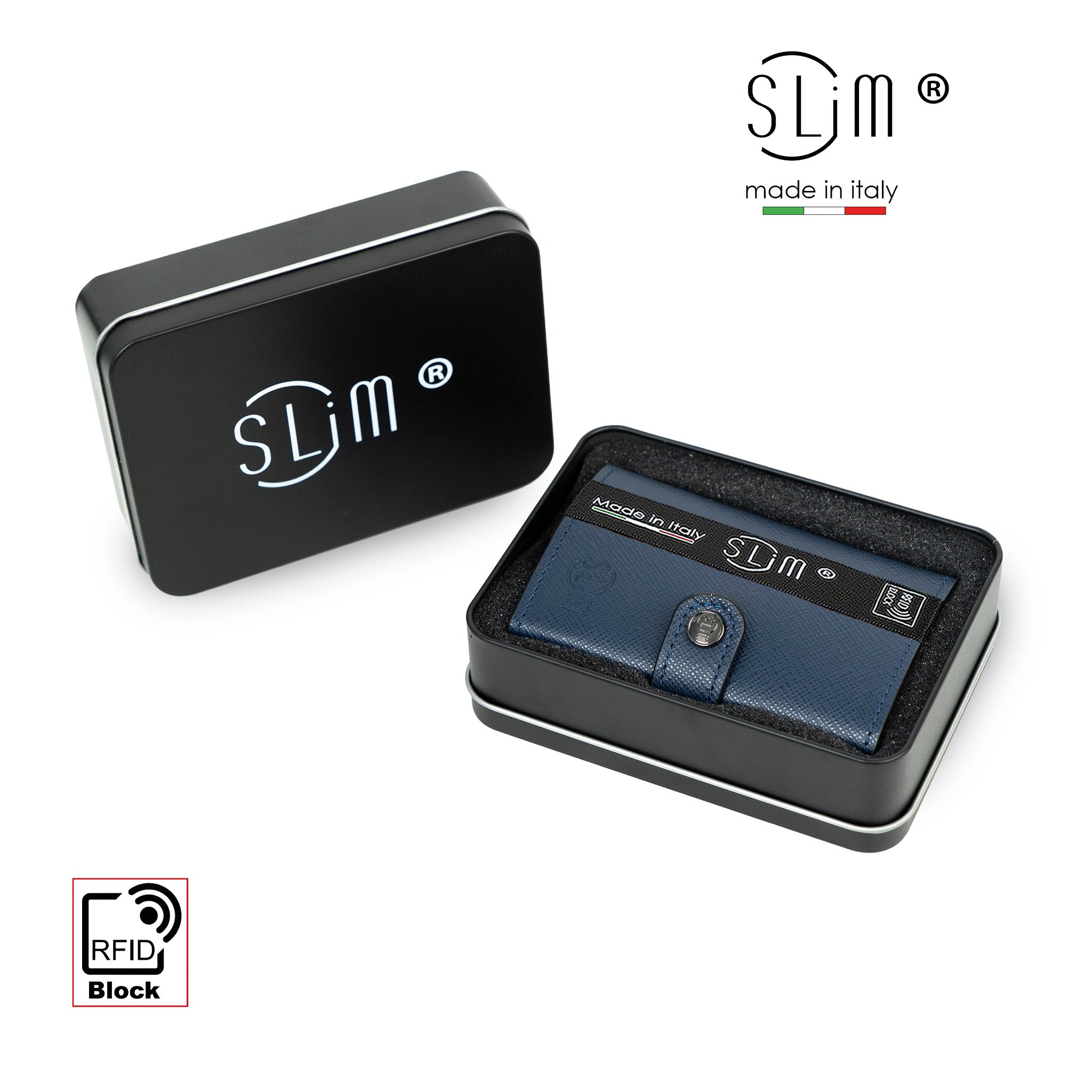 SLim Saffiano Portacarte Pelle Blu Zip Antigraffio