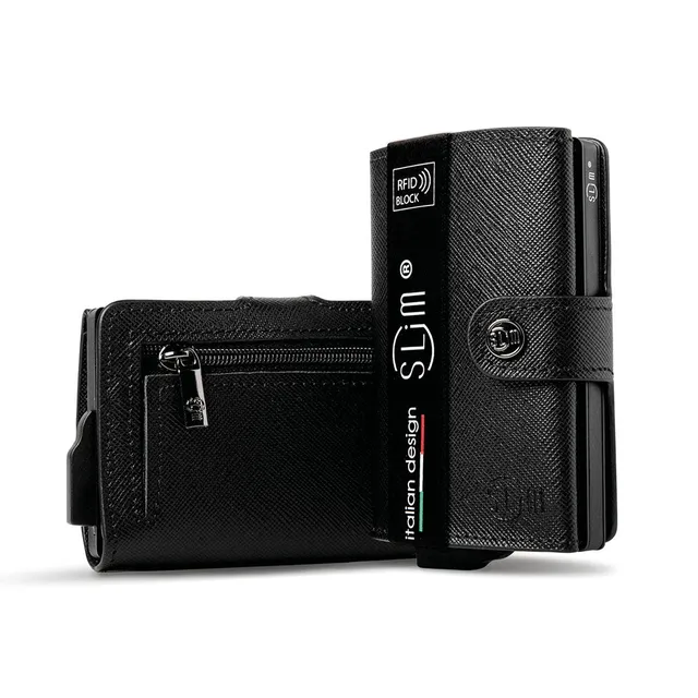 SLim Saffiano Nero portacarte zip pelle anti graffio