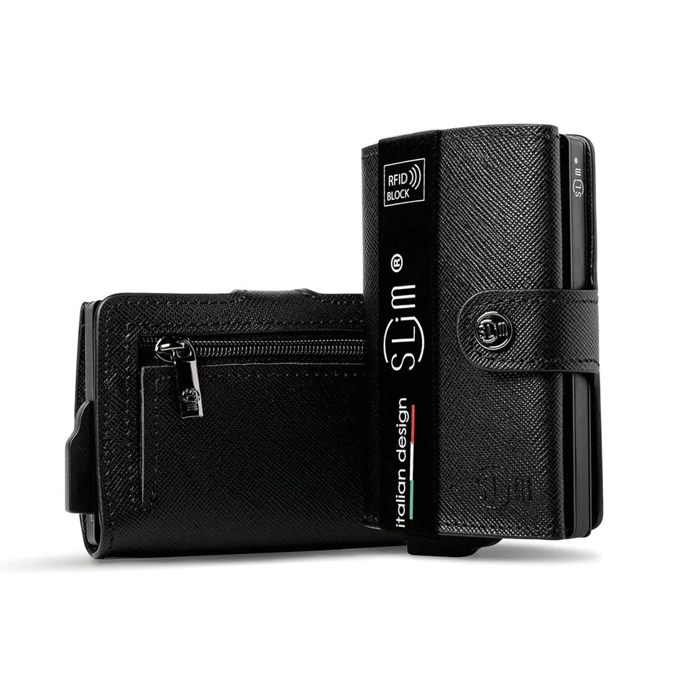 SLim Saffiano Nero portacarte zip pelle anti graffio