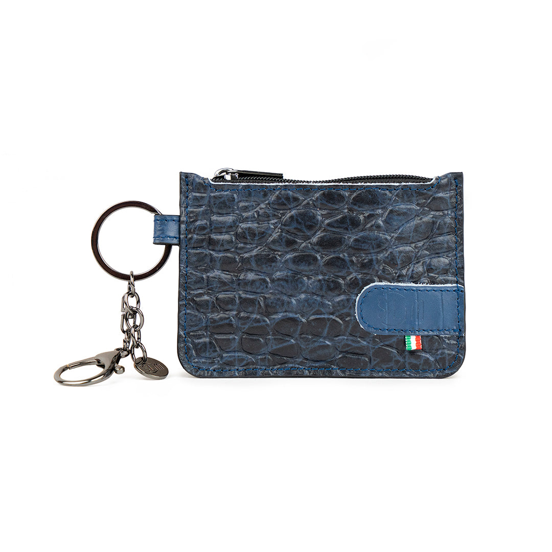 SLim Portachiavi Portamonete Vera Pelle Cocco Blu