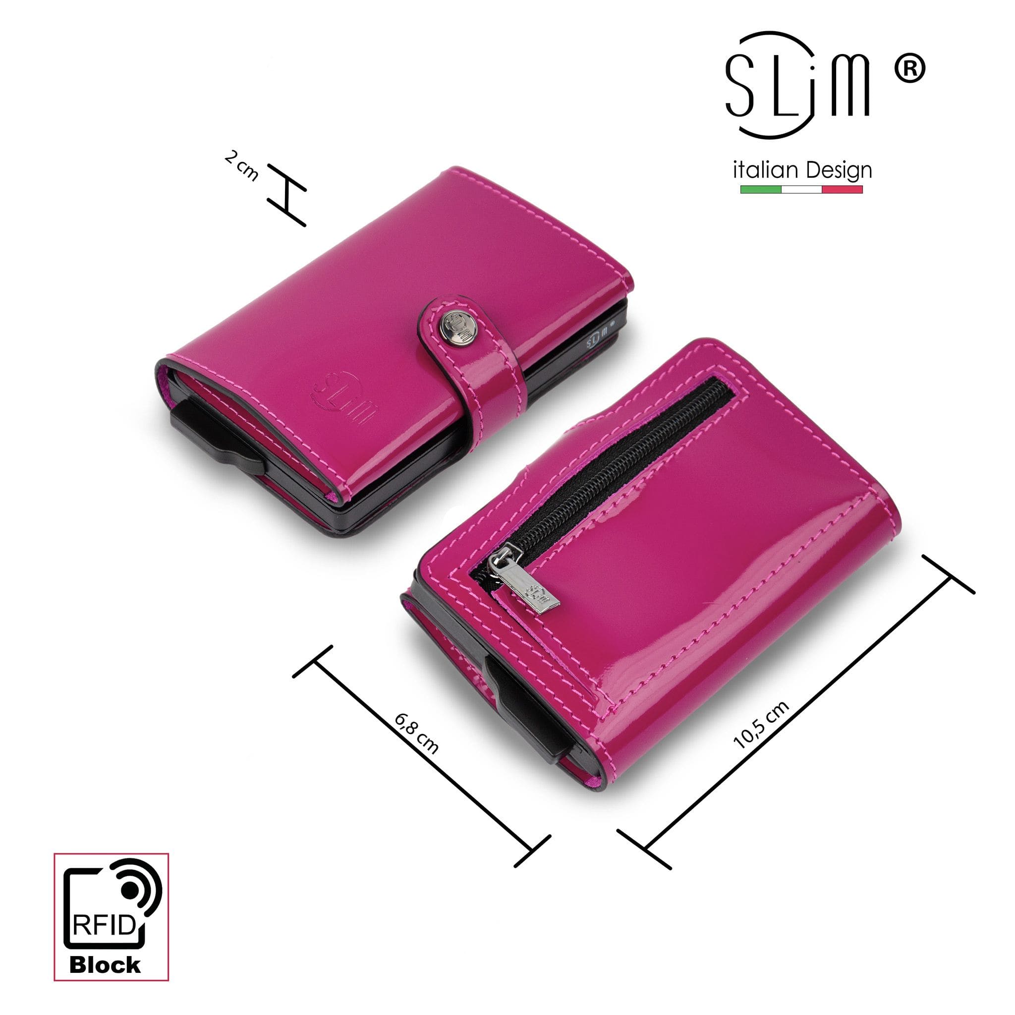 SLim Vera Pelle Specchio Portafoglio Compatto Fucsia Zip RFID
