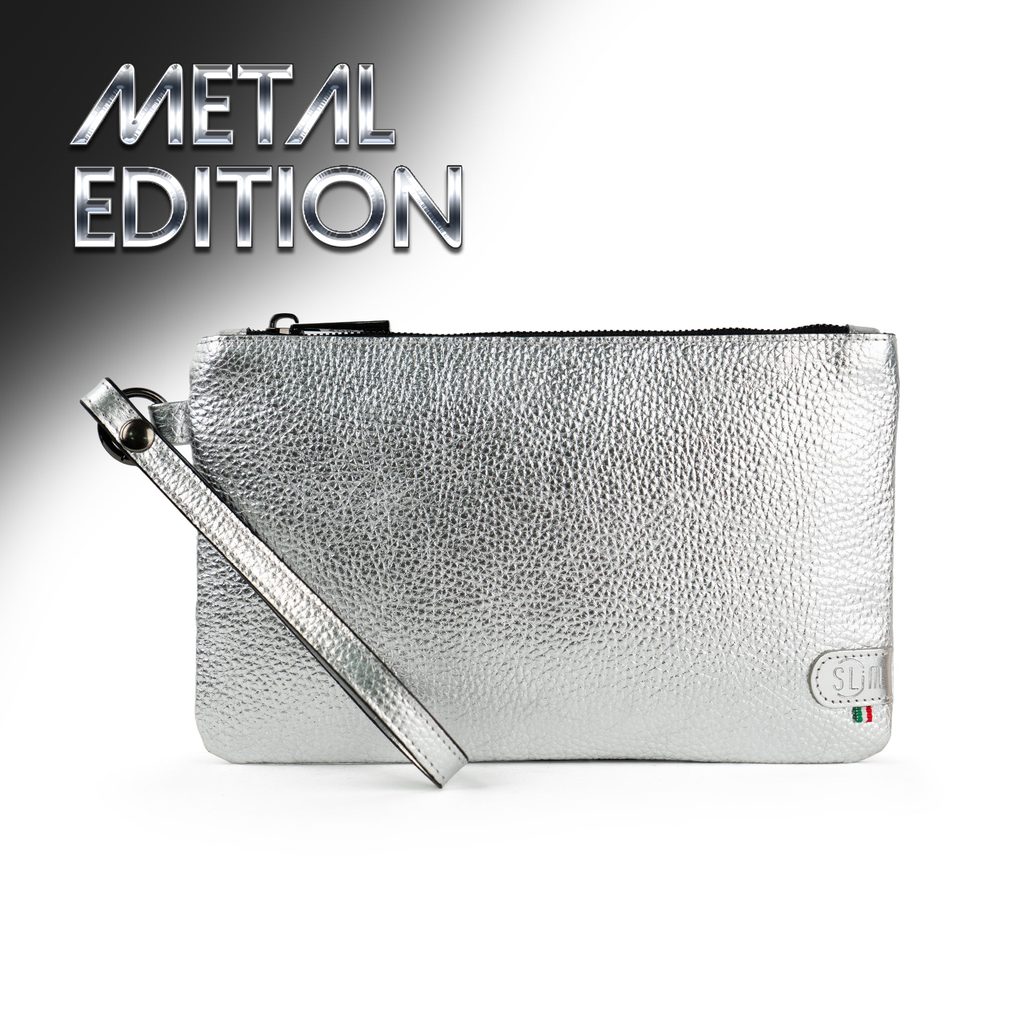 SLim Pochette Polsiera pochette argento metal vera pelle