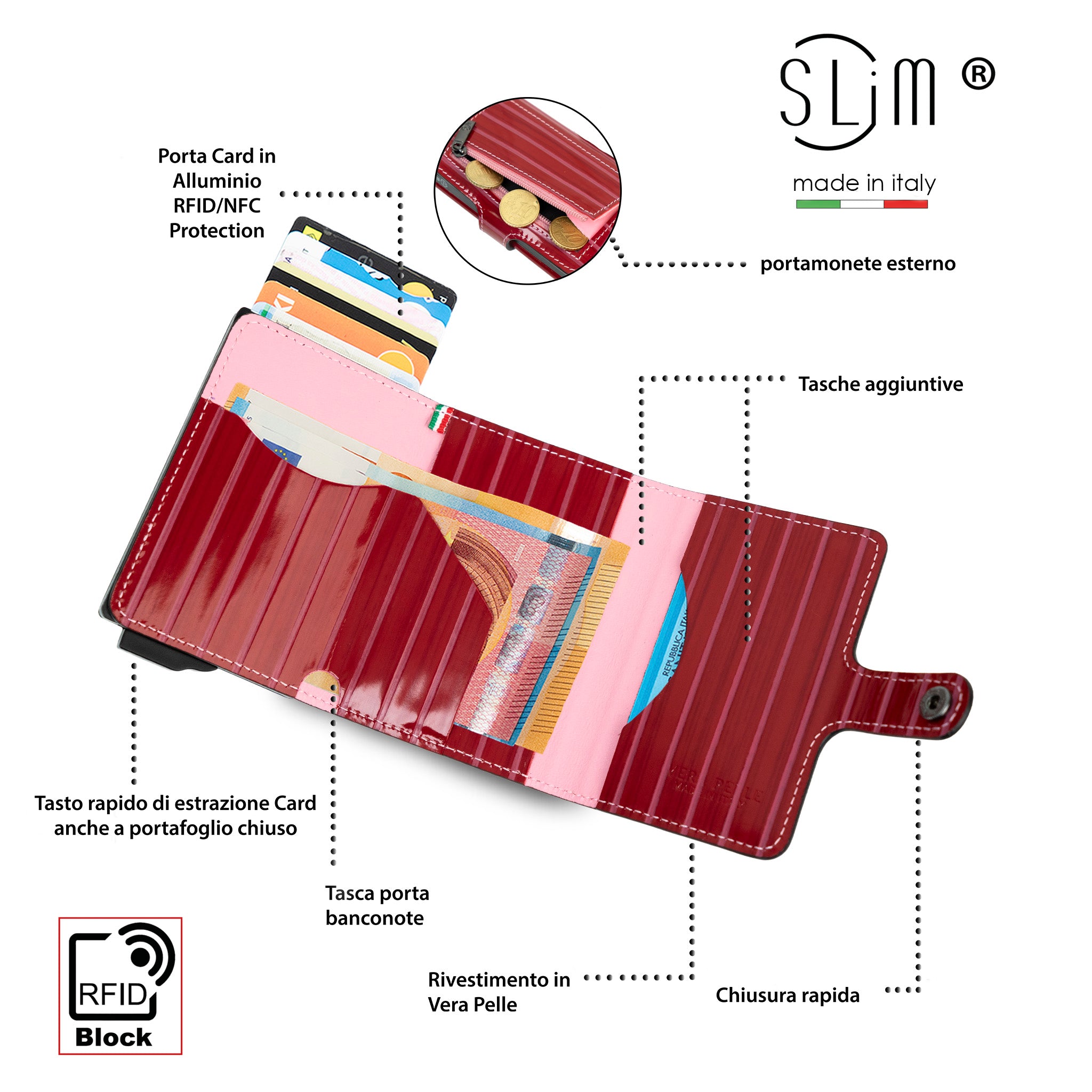 SLim Vera Pelle Lollipop portacarte rosso rosa RFID