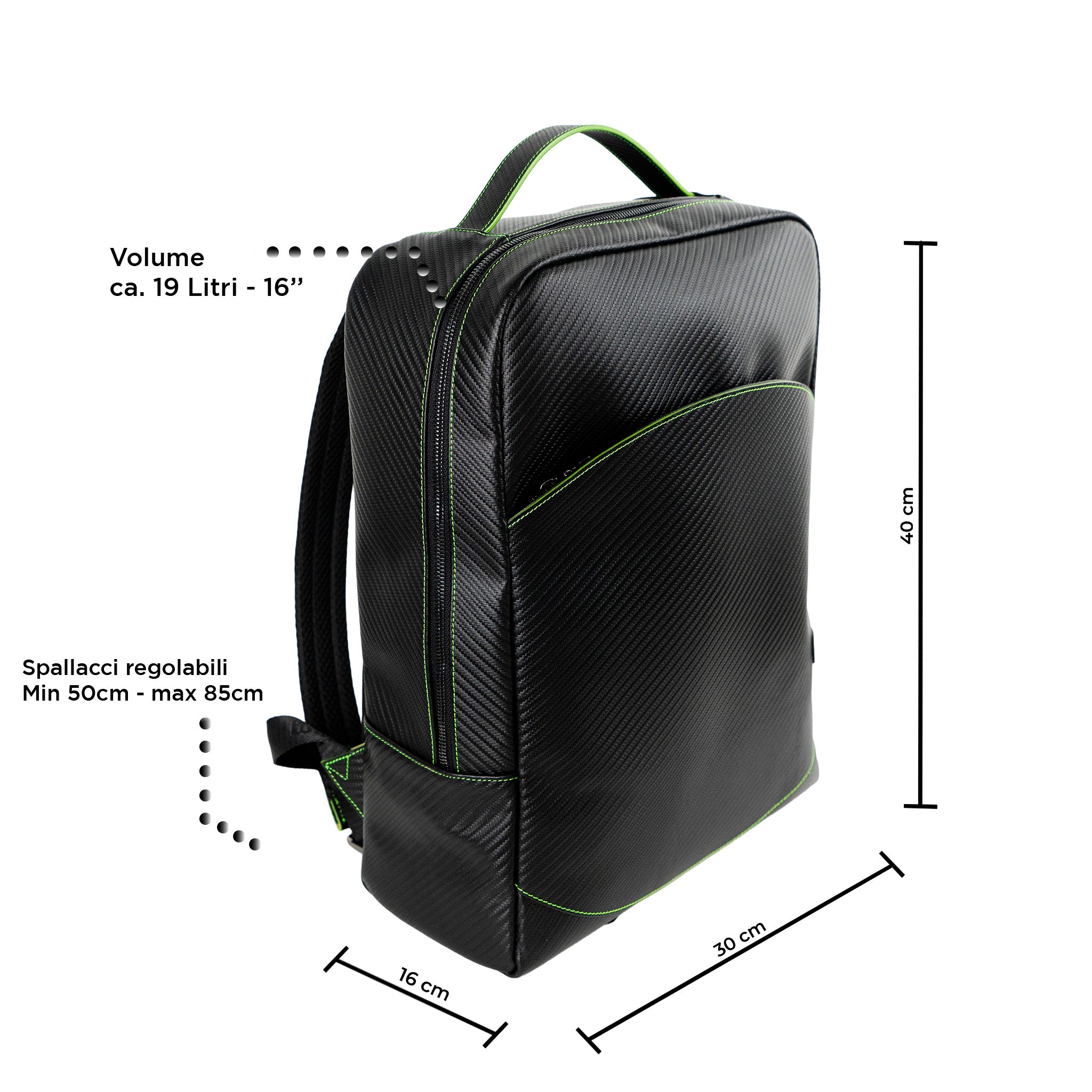 SLim Zaino Vera Pelle Carbon Nero cuciture Verdi 19 L