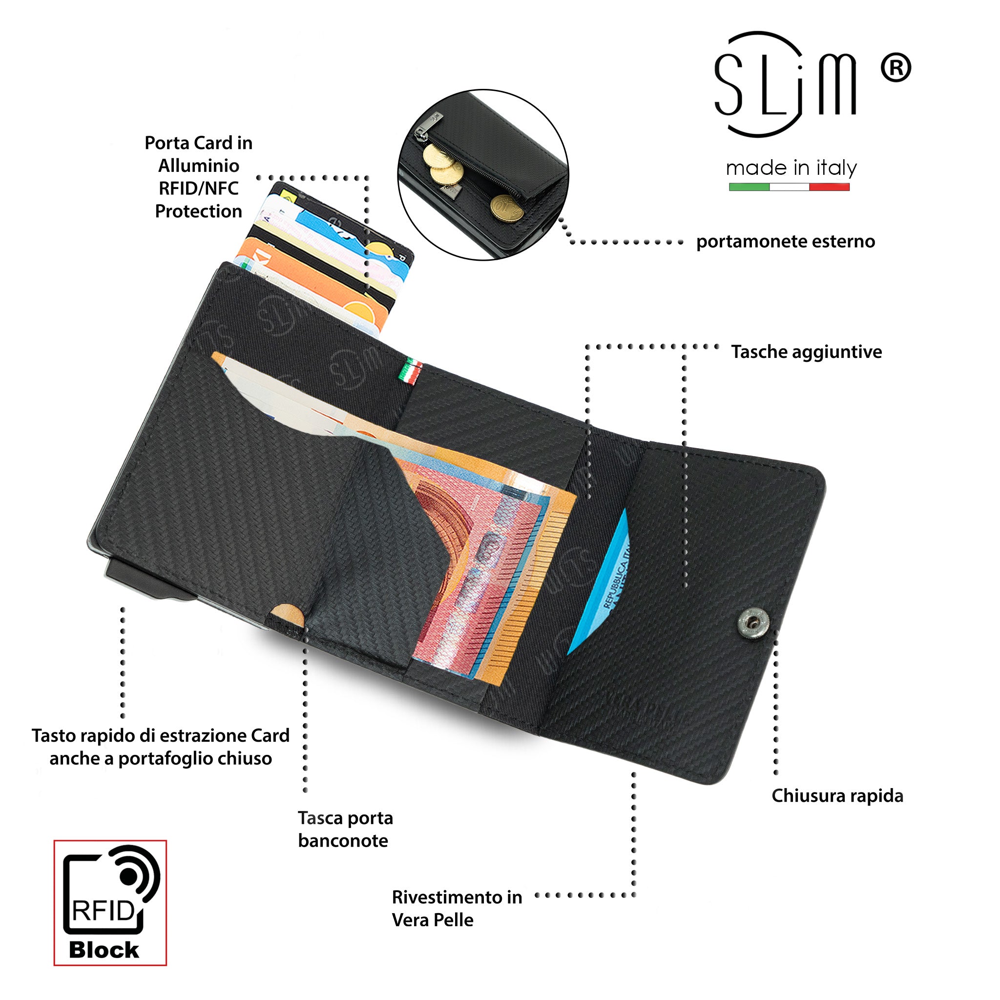 SLim Touch Carbon Nero portafoglio compatto RFID
