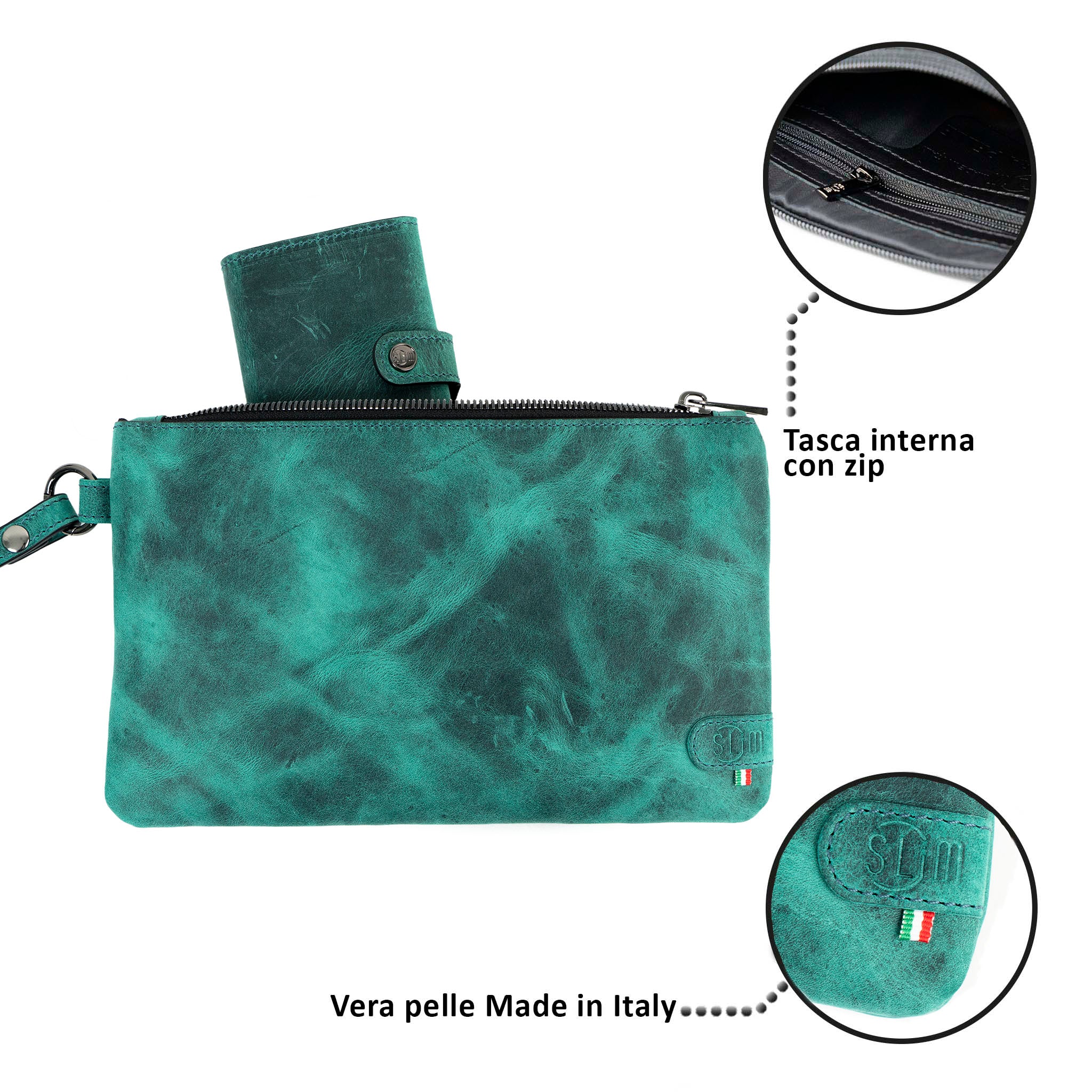 SLim Pochette Polsiera Crazy Horse Acquamarina Pochette