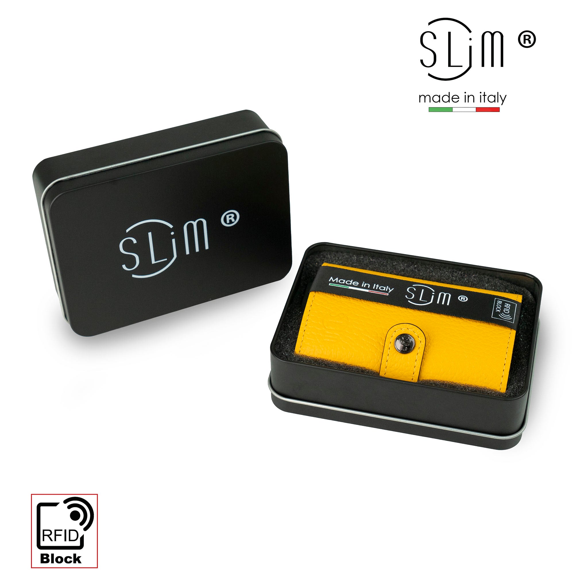 SLim Bottalato portacarte pelle giallo con zip monete RFID
