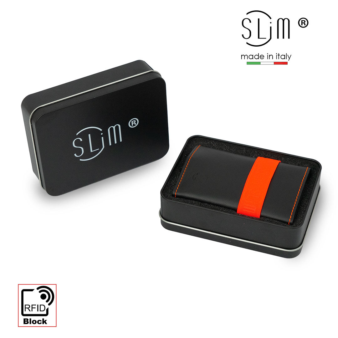 SLim Vera Pelle Nero Elastico Zip Portafoglio Compatto Monete
