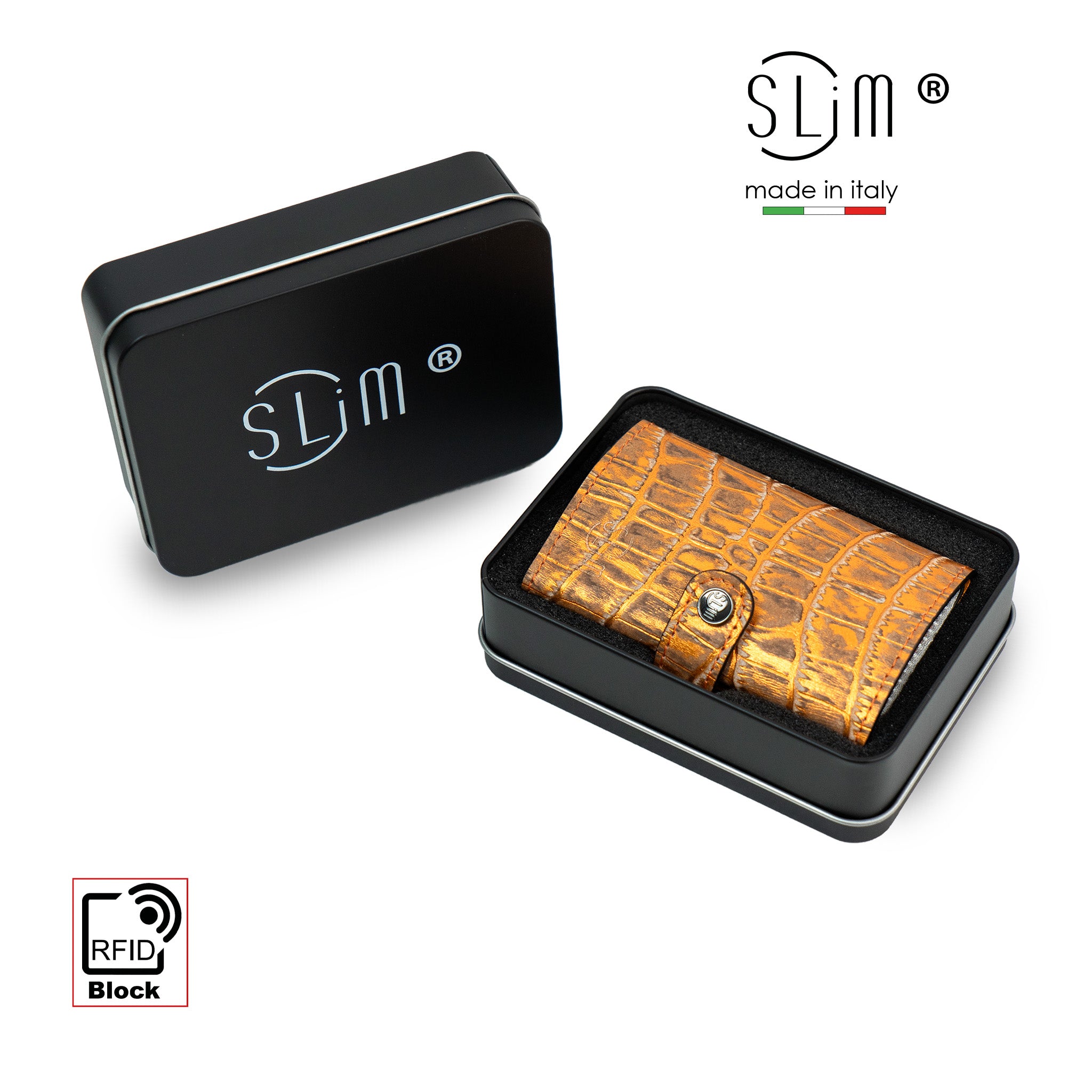 SLim Stampa Cocco Metal Arancio portafoglio 12 carte RFID