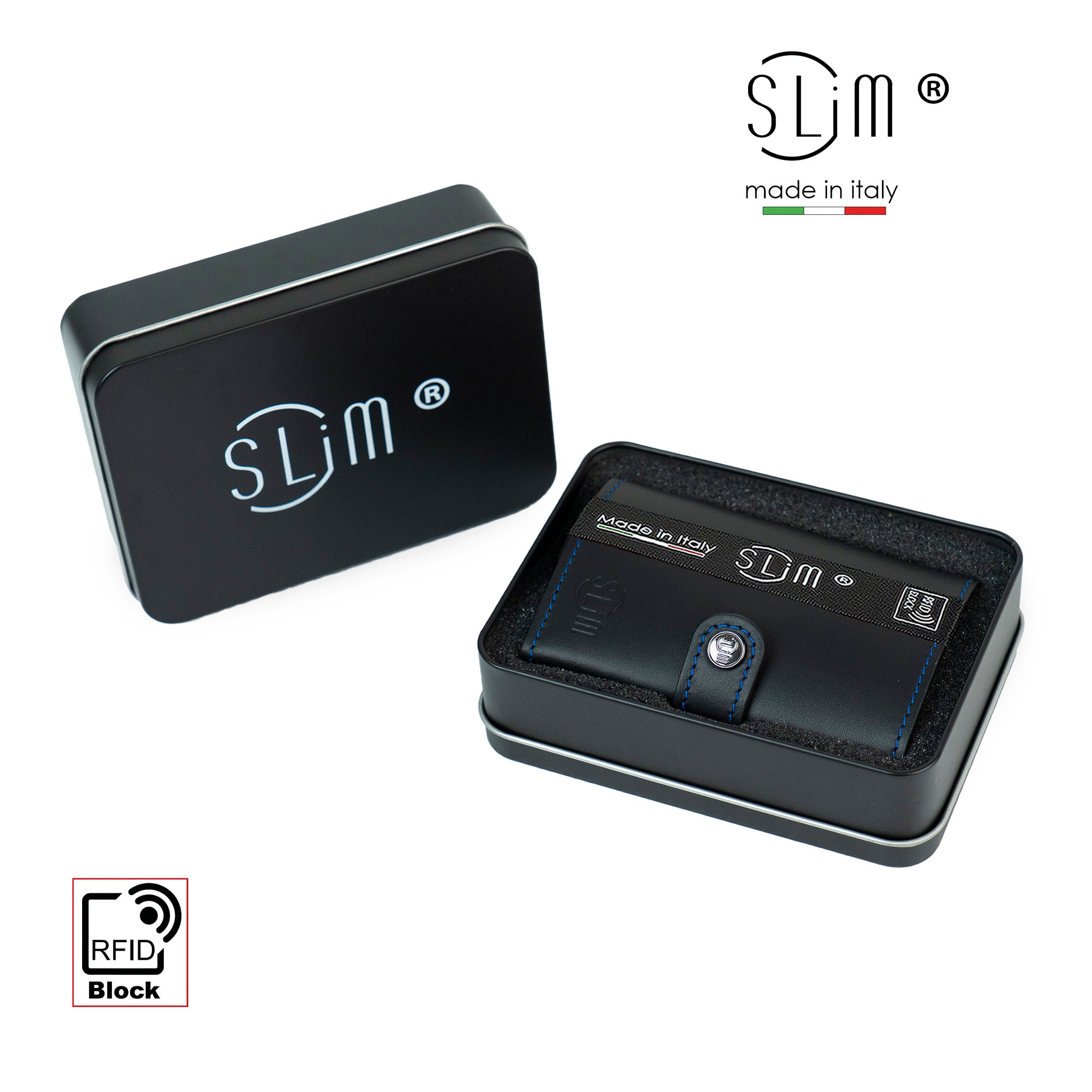 SLim Portacarte pelle nero blu con zip monete RFID