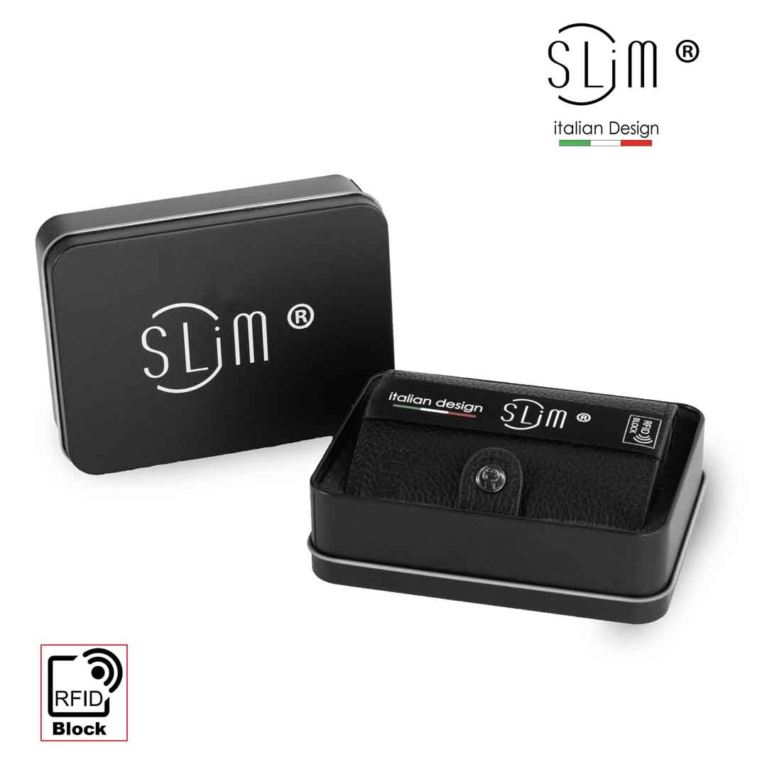 SLim Bottalato Portafoglio Nero Zip Pelle RFID