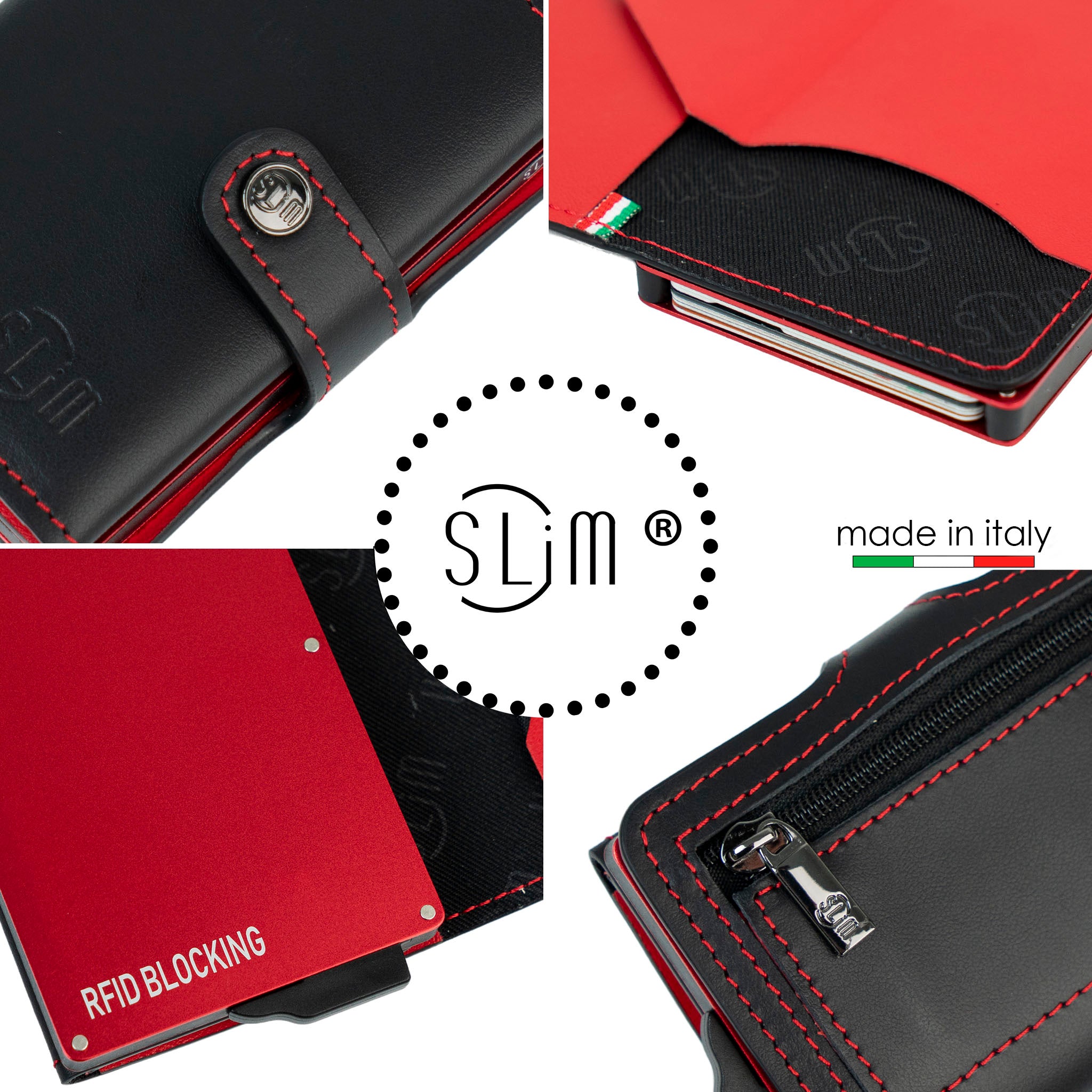 SLim Vera Pelle portafoglio nero rosso zip RFID 12 carte