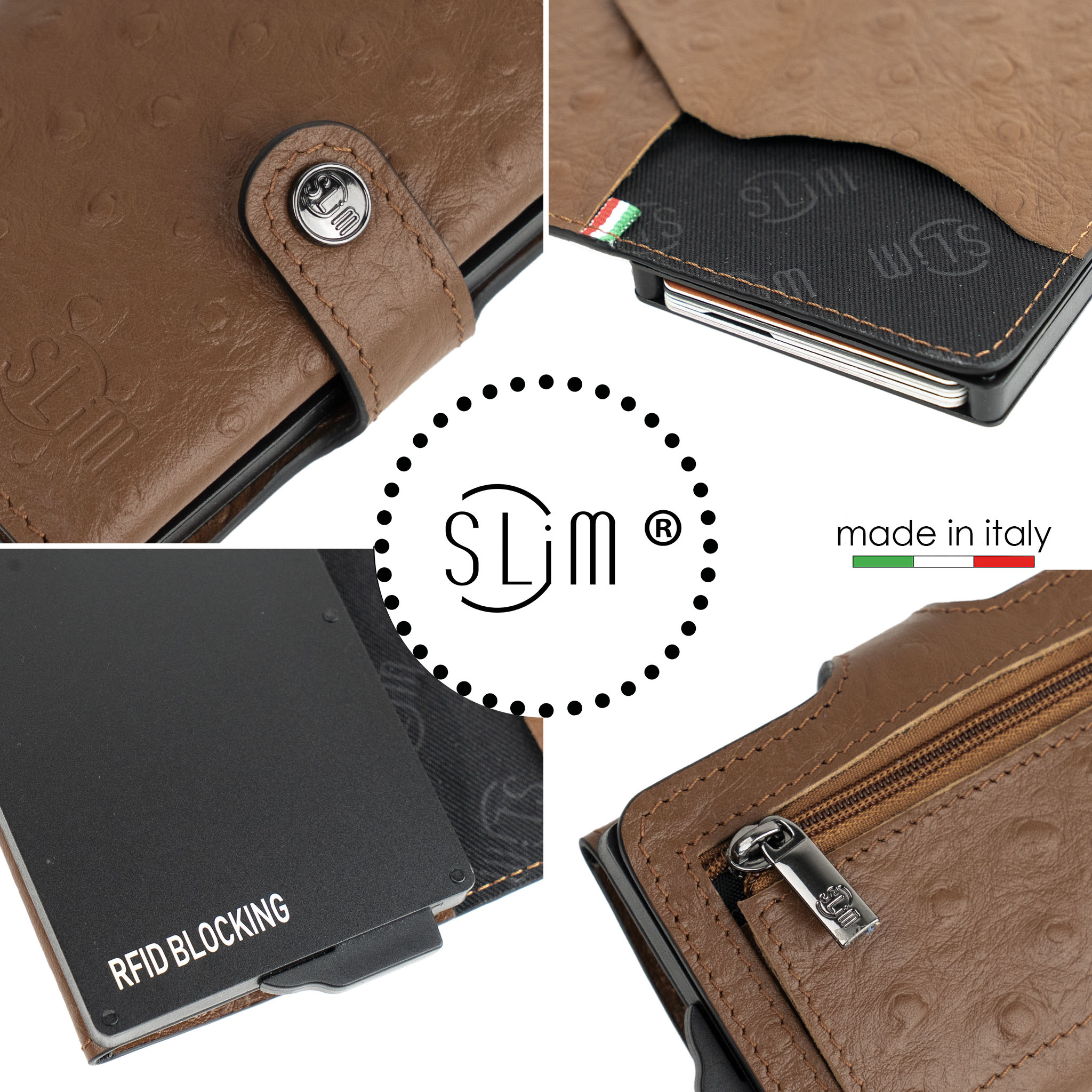 SLim Vera Pelle stampa Struzzo portafoglio Marrone RFID 12 carte