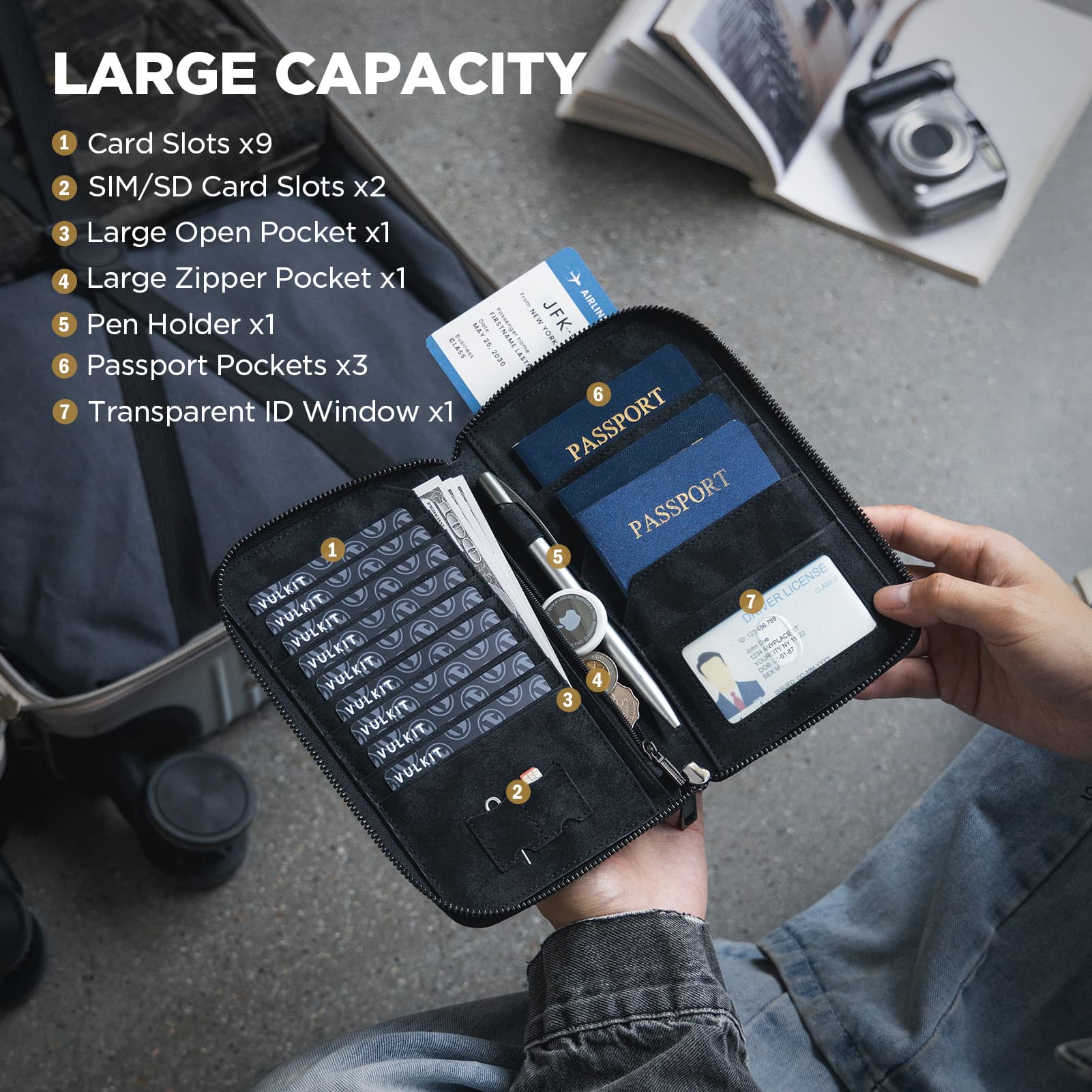 VULKIT VPW113 porta passaporto famiglia nero RFID AirTag