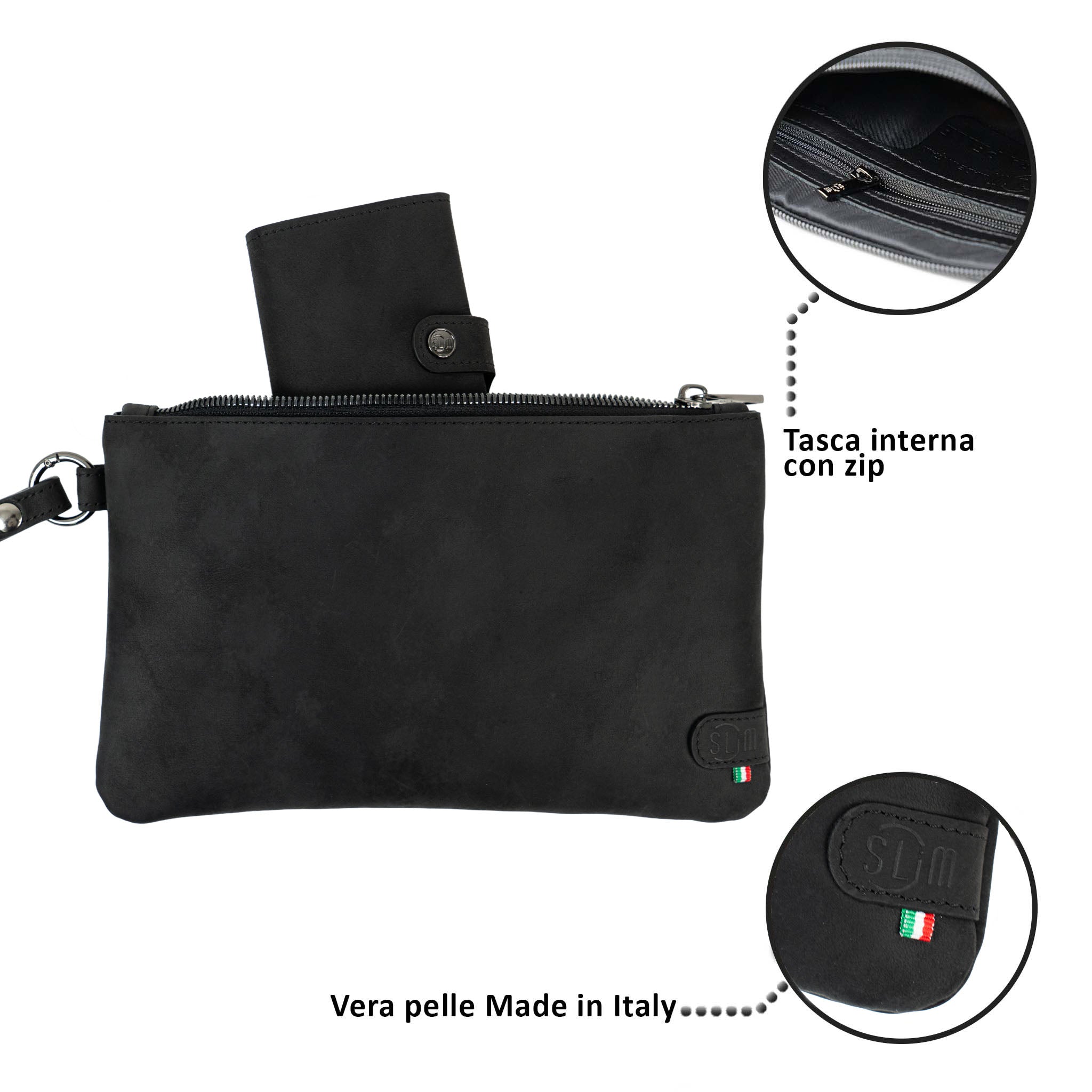 SLim Pochette Polsiera pochette Nero pelle Crazy Horse