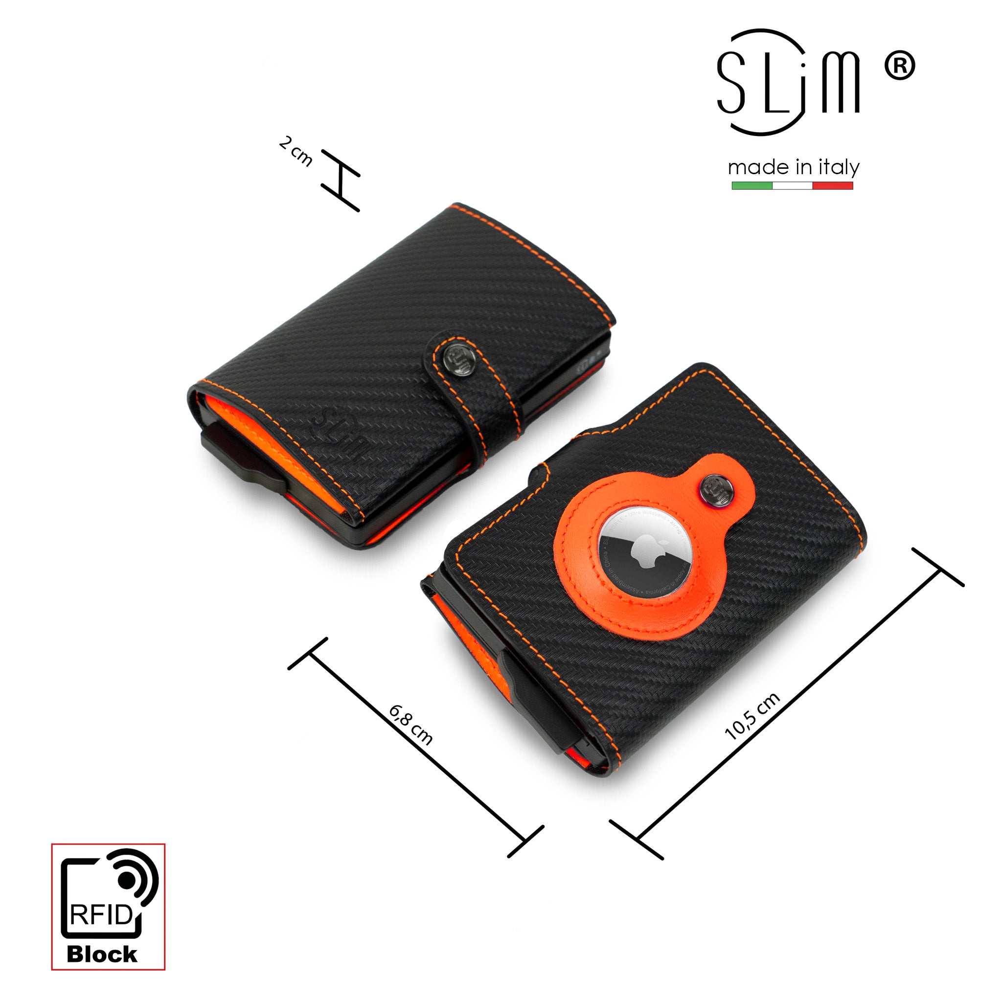SLim Vera Pelle Carbon portafoglio nero arancio AirTag