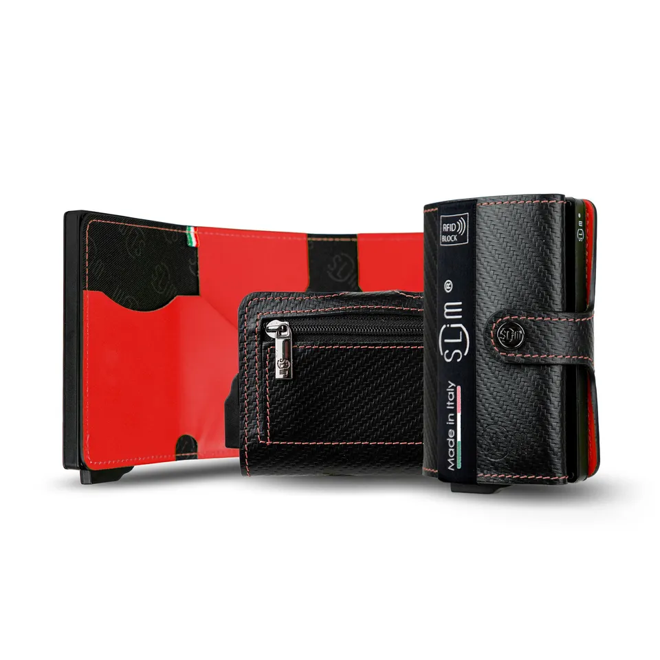 SLim Vera Pelle Carbon Nero Rosso Zip portafoglio compatto RFID