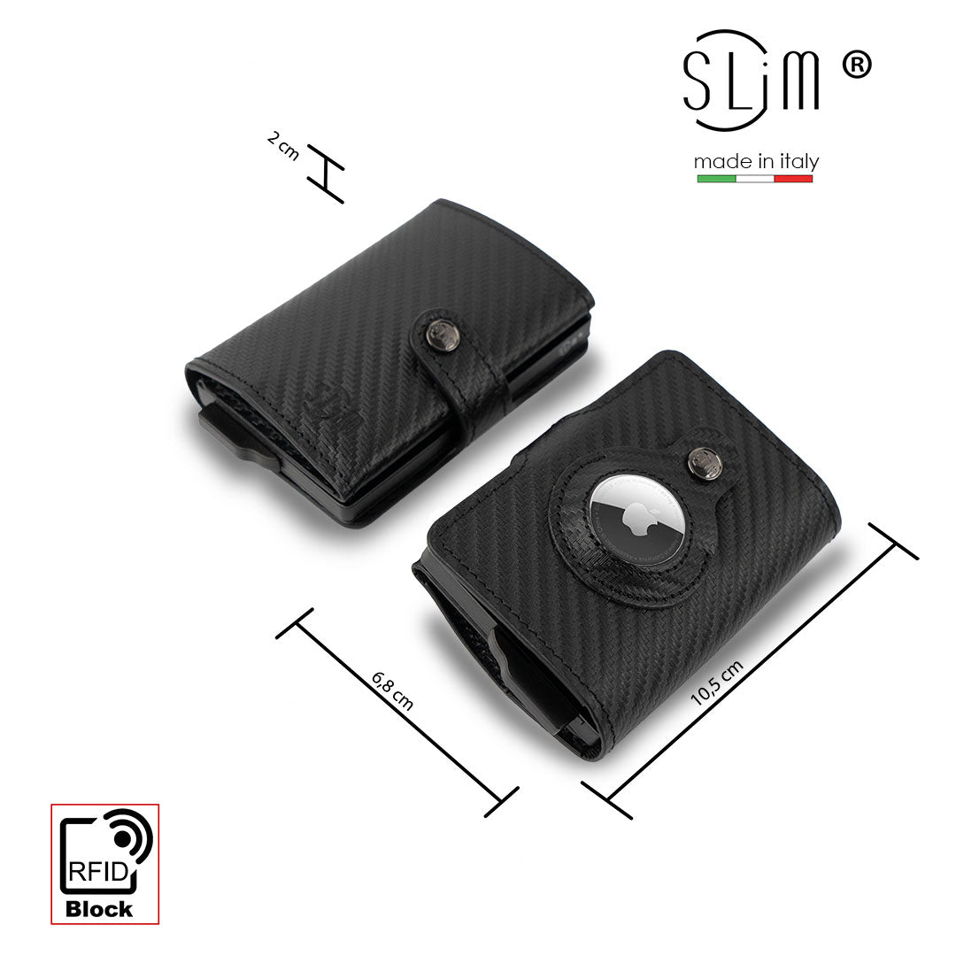 SLim Vera Pelle Carbon portafoglio compatto AirTag RFID