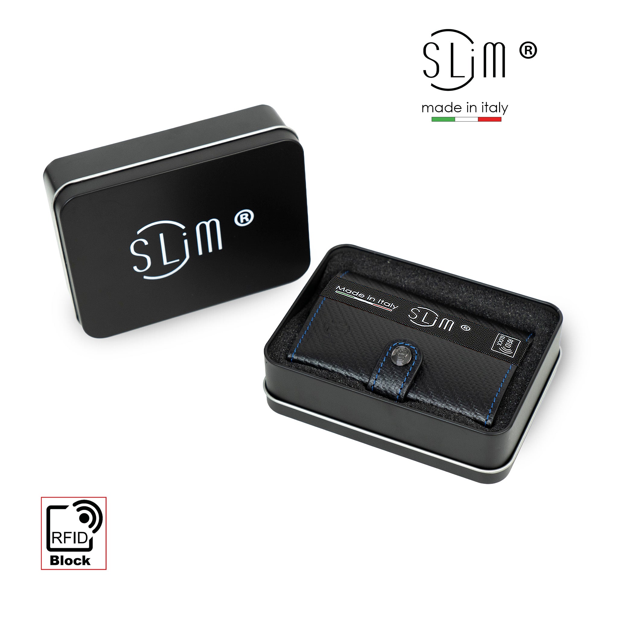 SLim Carbon Style portacarte nero blu zip RFID 12 carte