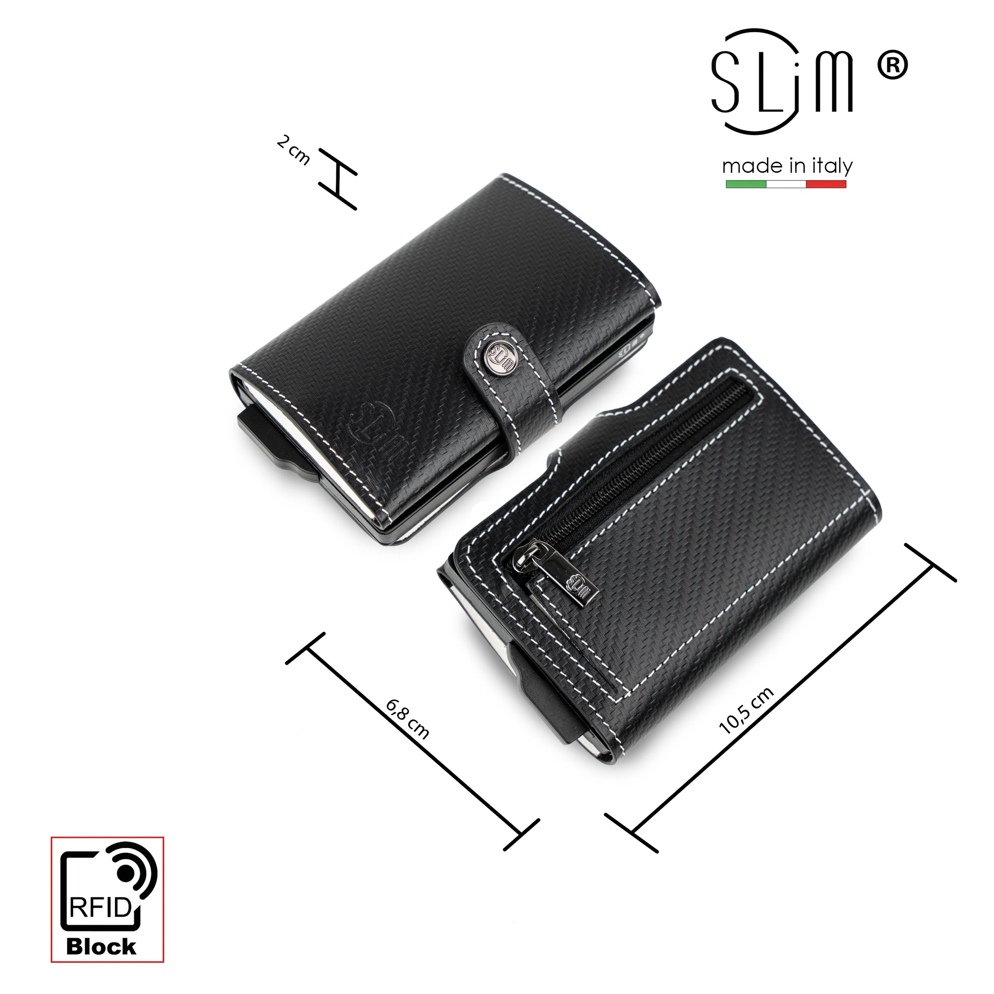 SLim Carbon Nero Bianco portafoglio zip vera pelle