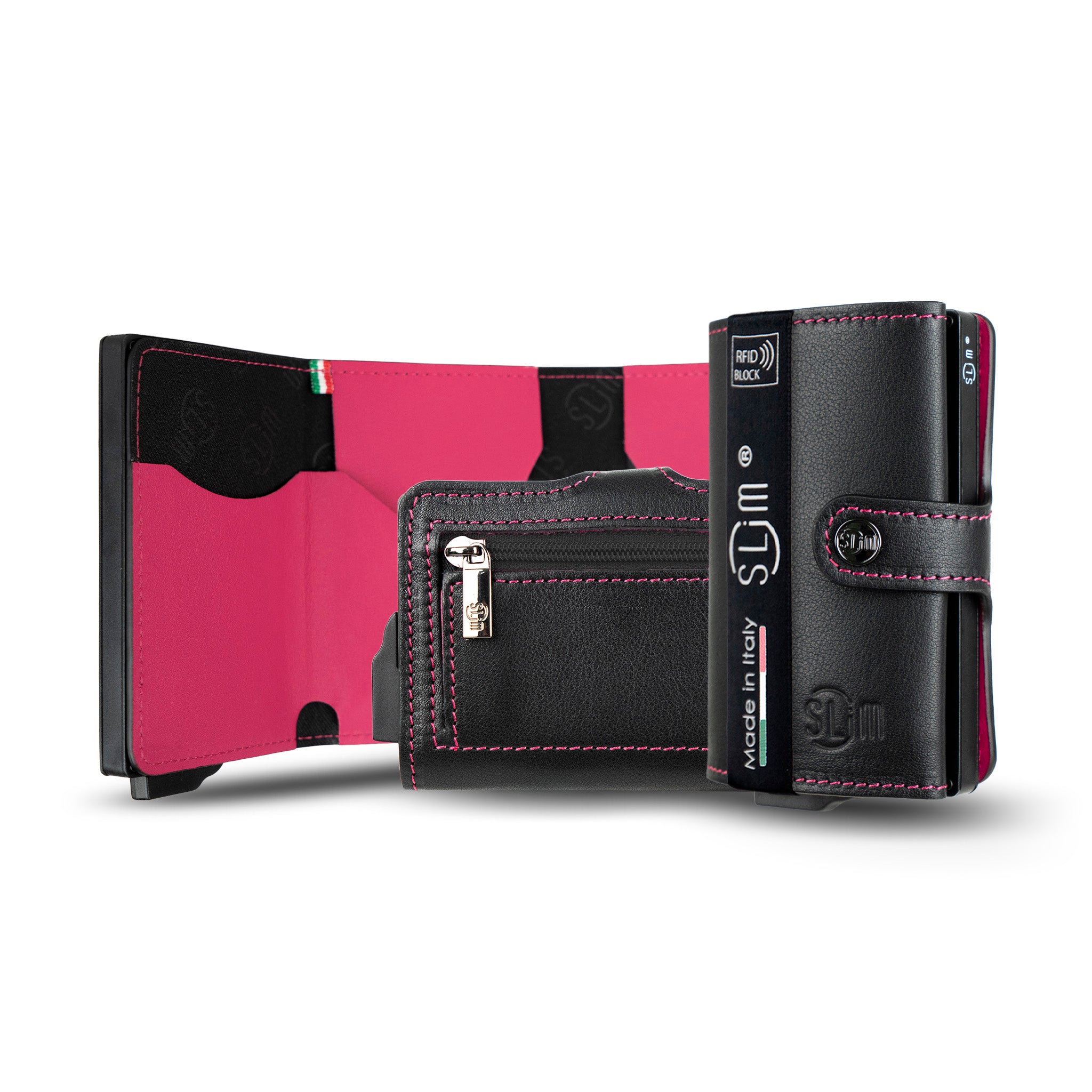 SLim Vera Pelle Portafoglio Nero Fucsia 12 Carte RFID