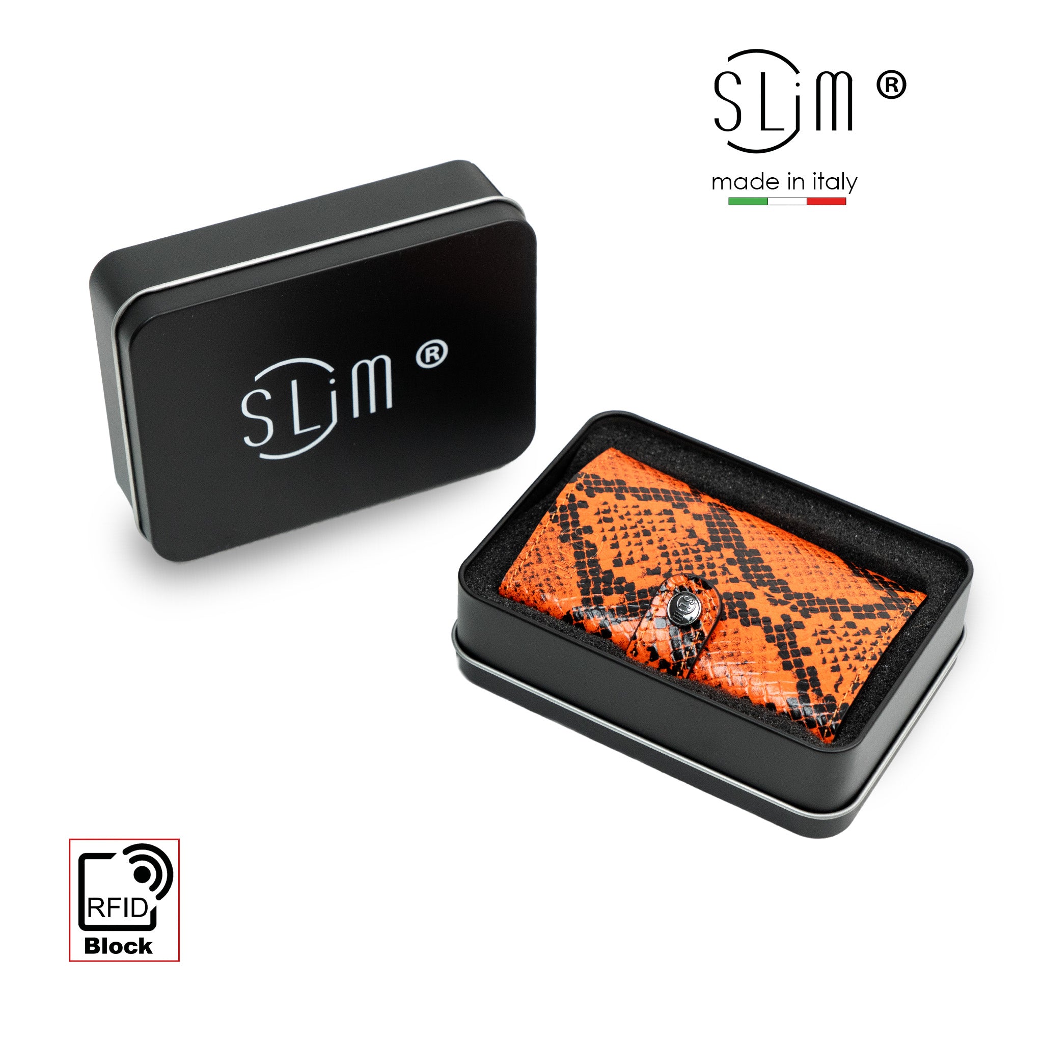 SLim Vera Pelle Rettile Arancio portafoglio compatto RFID