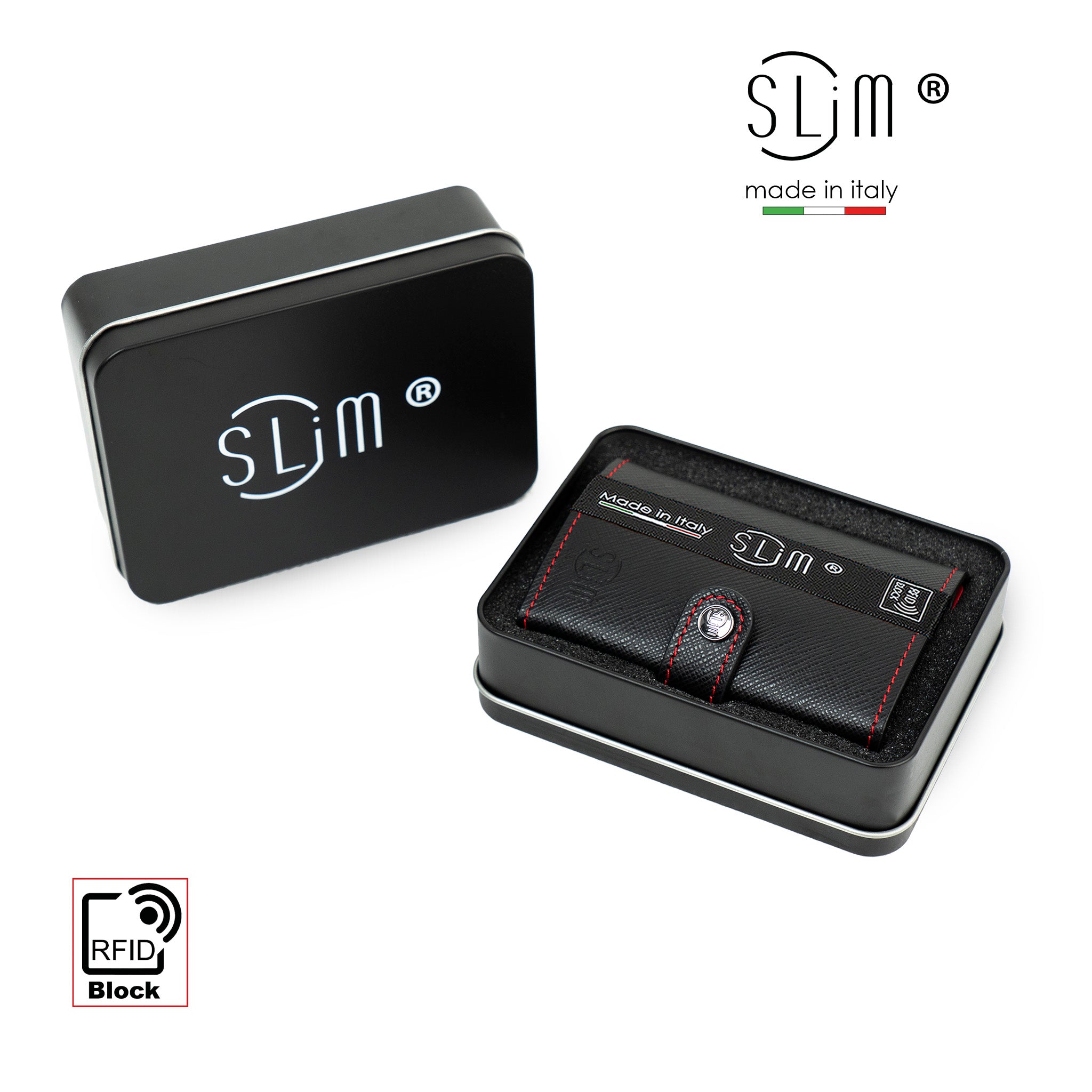 SLim Saffiano portacarte nero cuciture cassa rossa