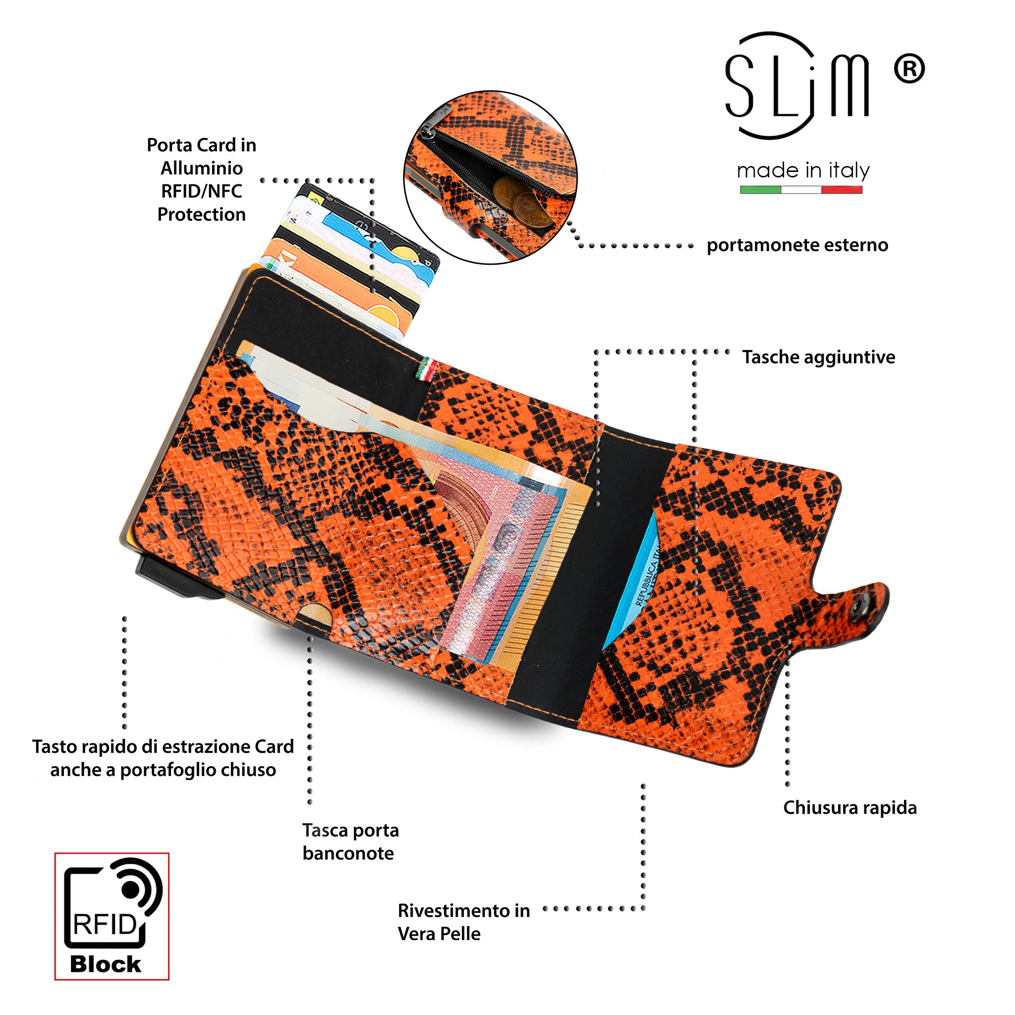 SLim Vera Pelle Rettile Arancio portafoglio compatto RFID