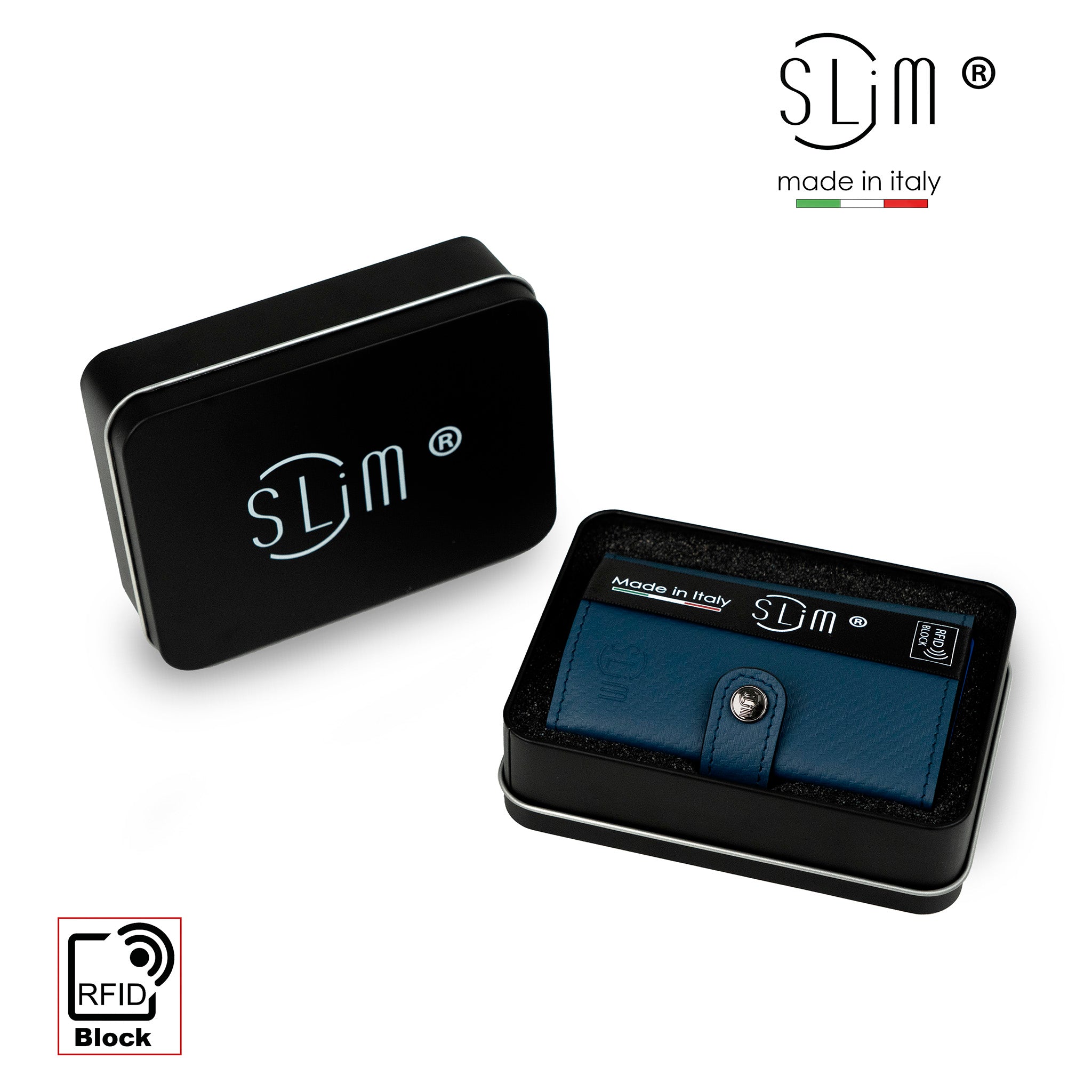 SLim Vera Pelle Carbon Portacarte Blu con Zip 12 Carte