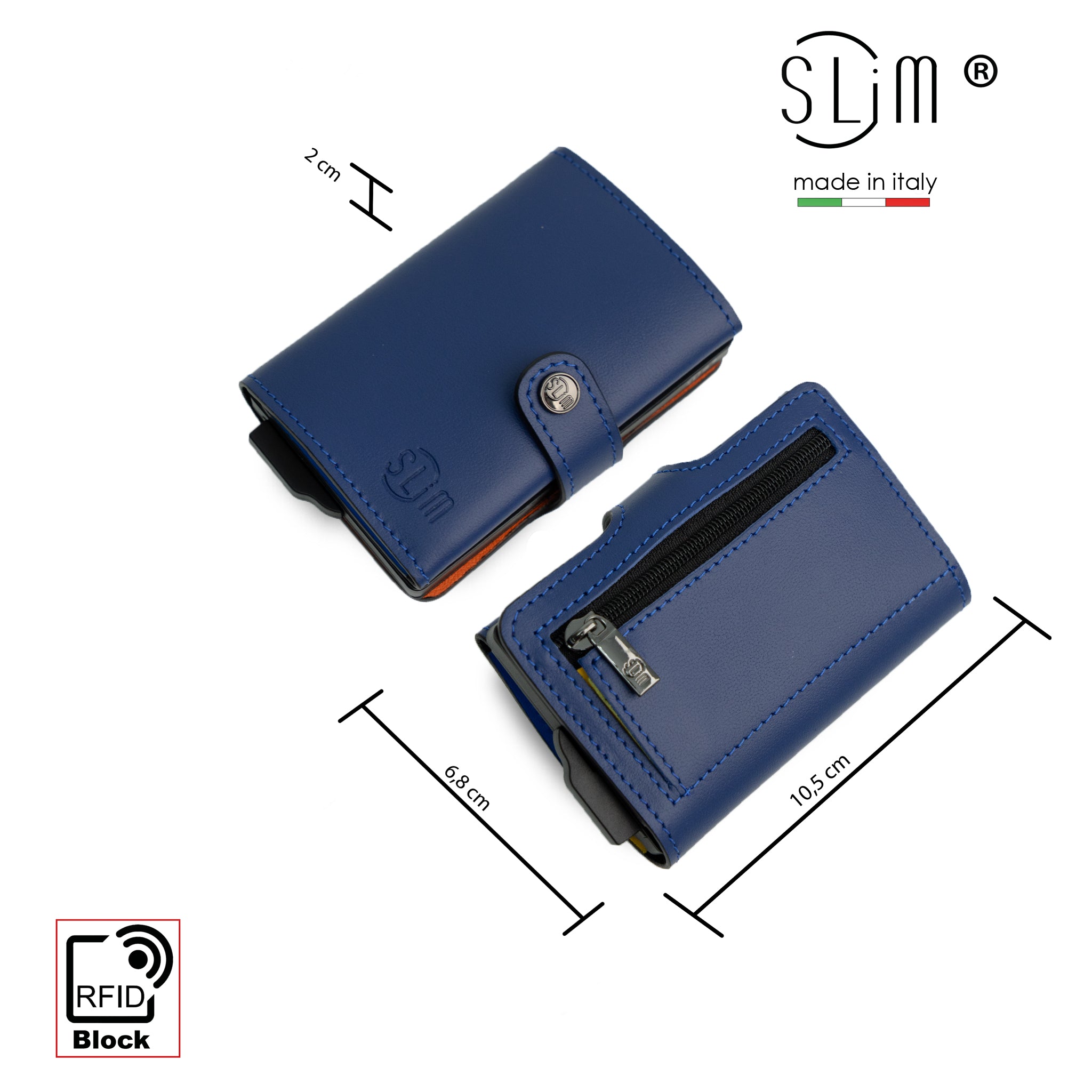 SLim Vera Pelle Portacarte Blu Multicolor con Zip Portamonete