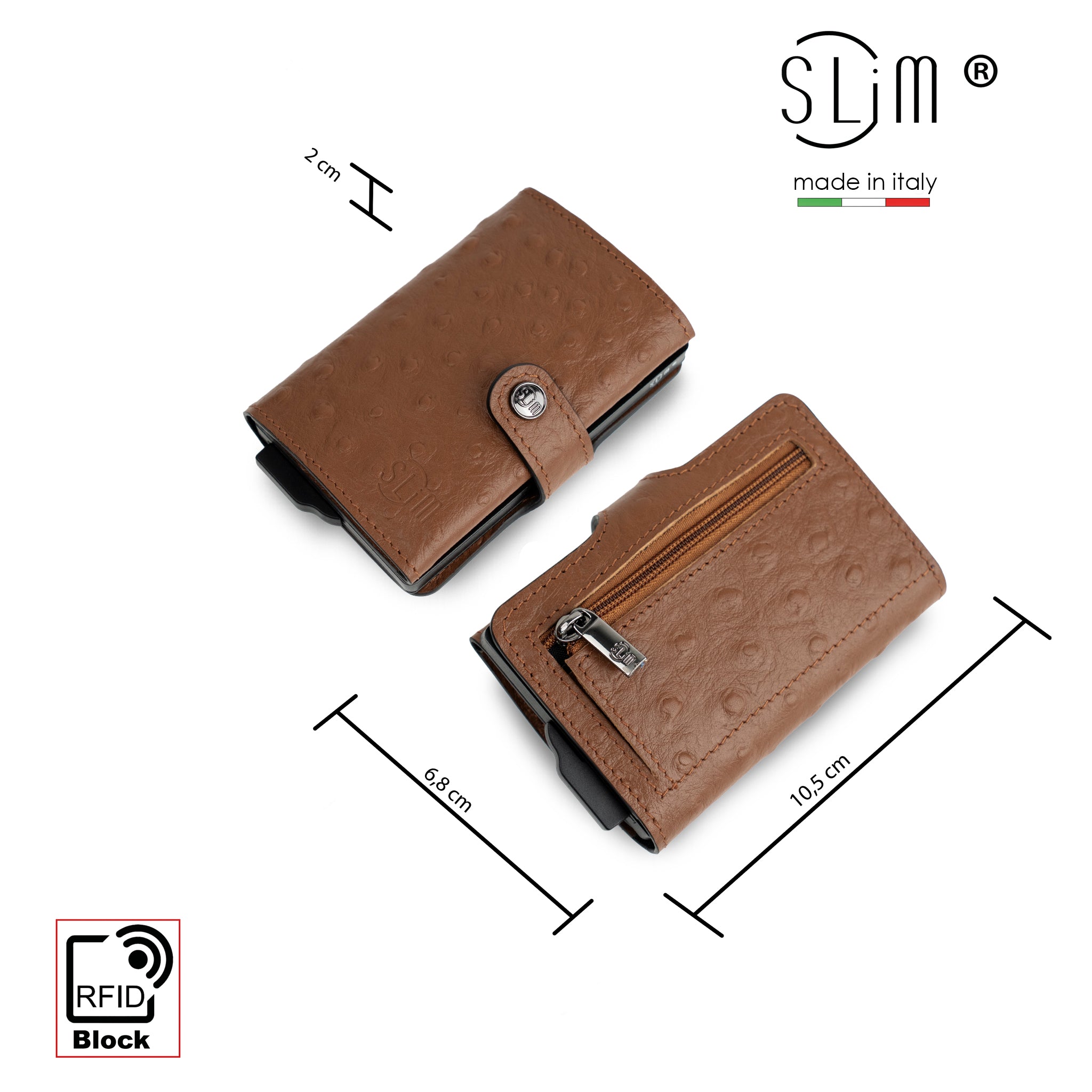 SLim Vera Pelle stampa Struzzo portafoglio Marrone RFID 12 carte