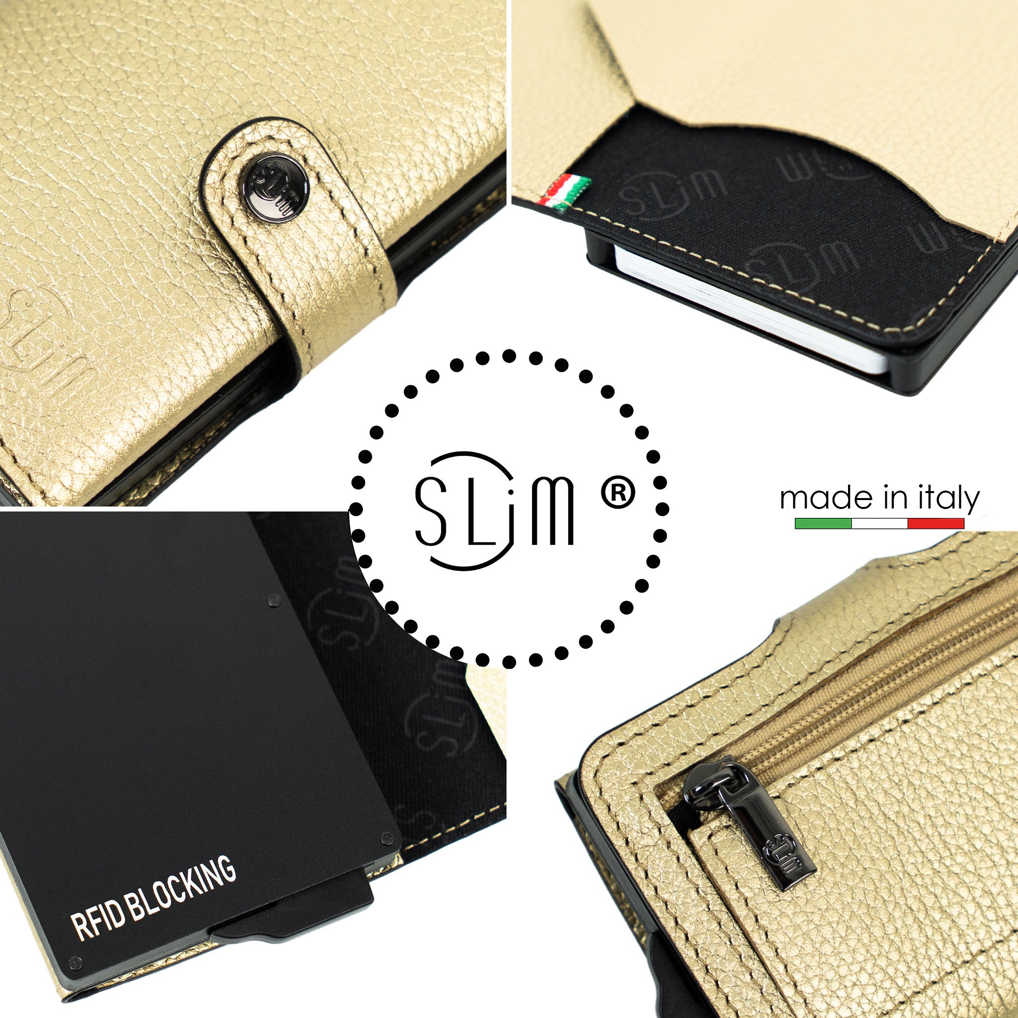 SLim Bottalato portafoglio compatto oro vera pelle RFID