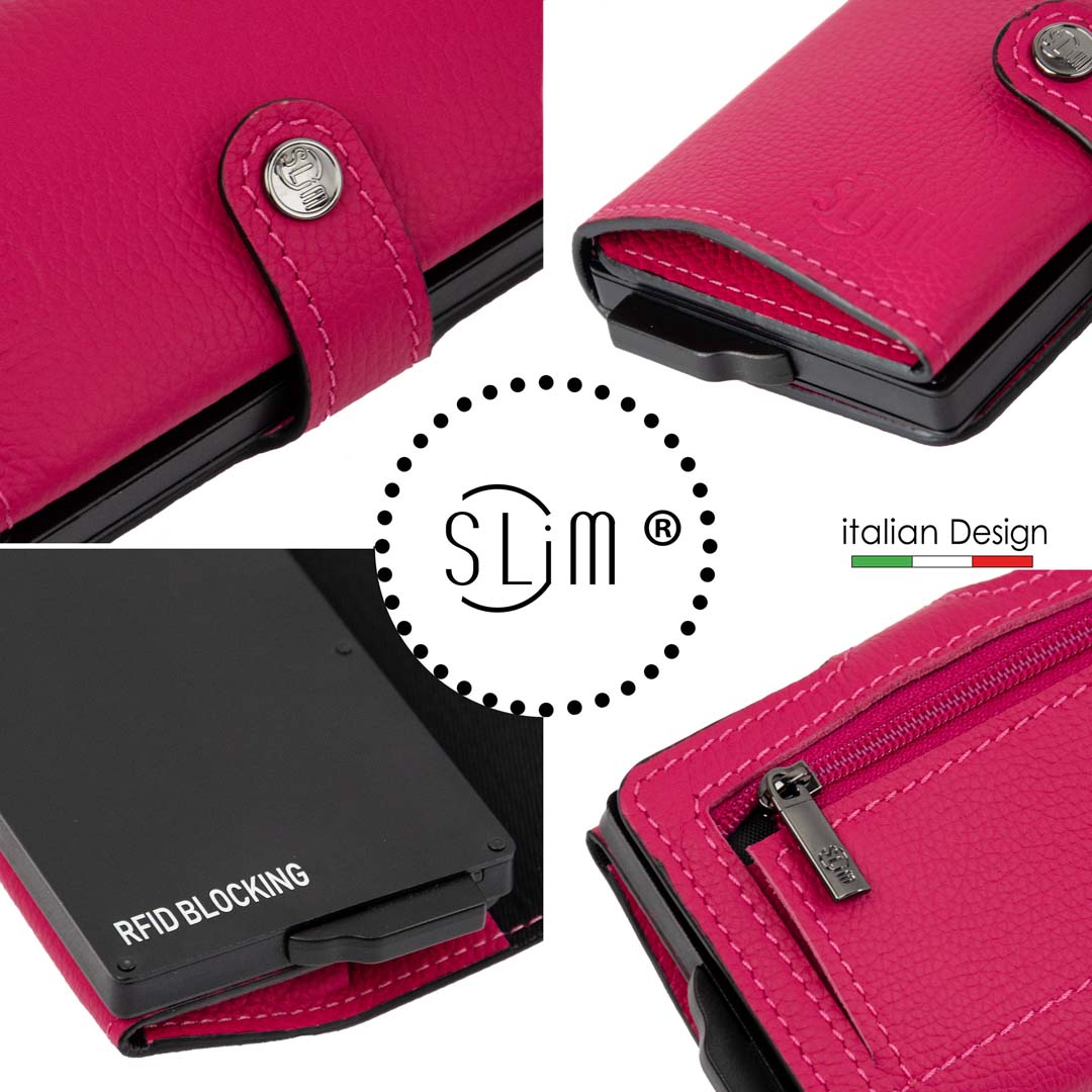 SLim Bottalato Portafoglio Pelle Fucsia Zip Monete RFID