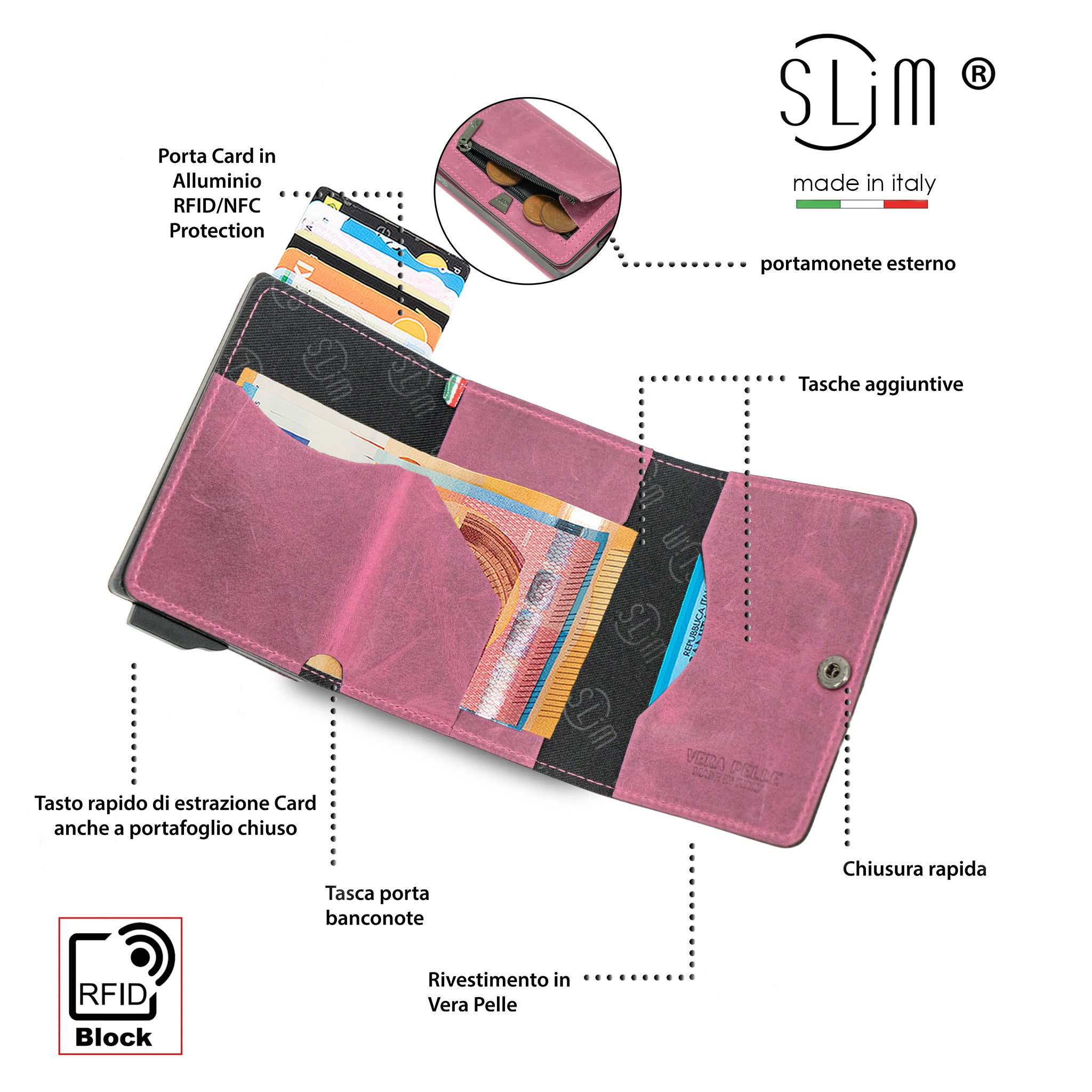 SLim Touch Mini Portafoglio Pelle Crazy Malva RFID