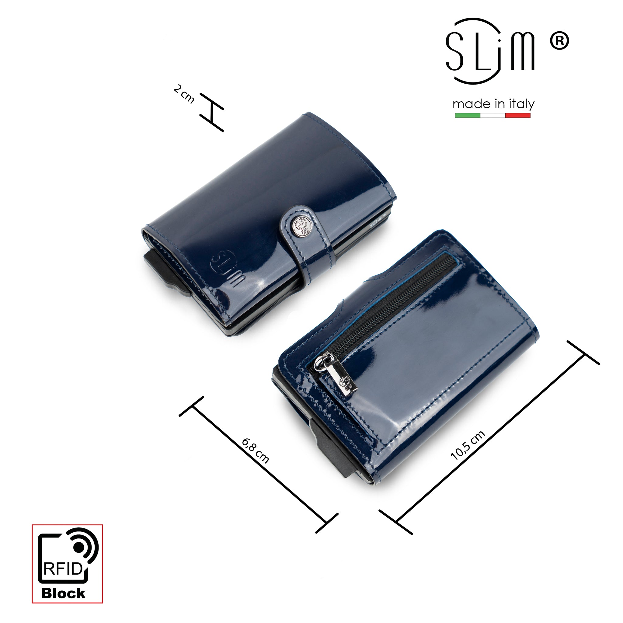 SLim Vera Pelle portafoglio Specchio Blu con Zip 12 carte