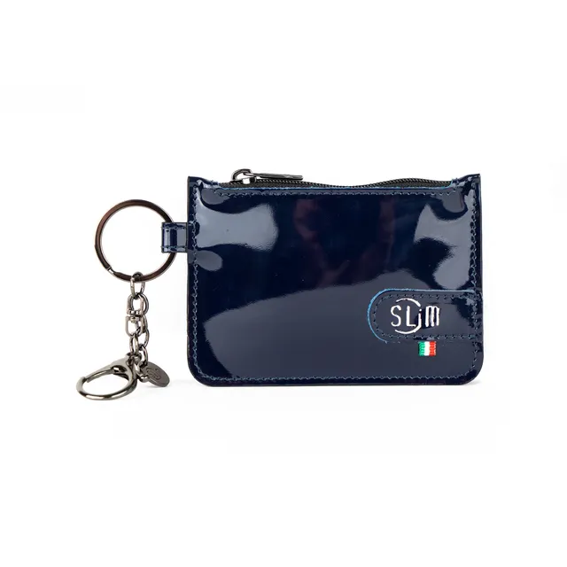 SLim Portachiavi portamonete pelle blu specchio 10x7 cm