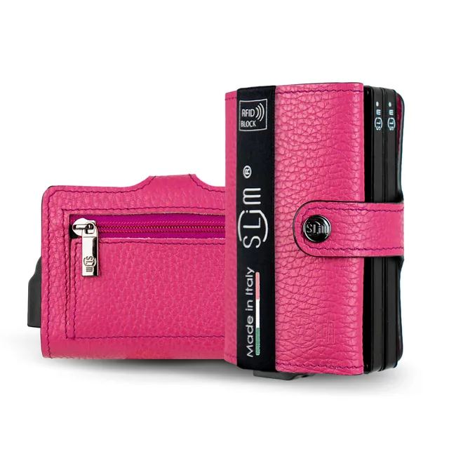 SLim Bottalato portafoglio pelle Fucsia doppia cassa