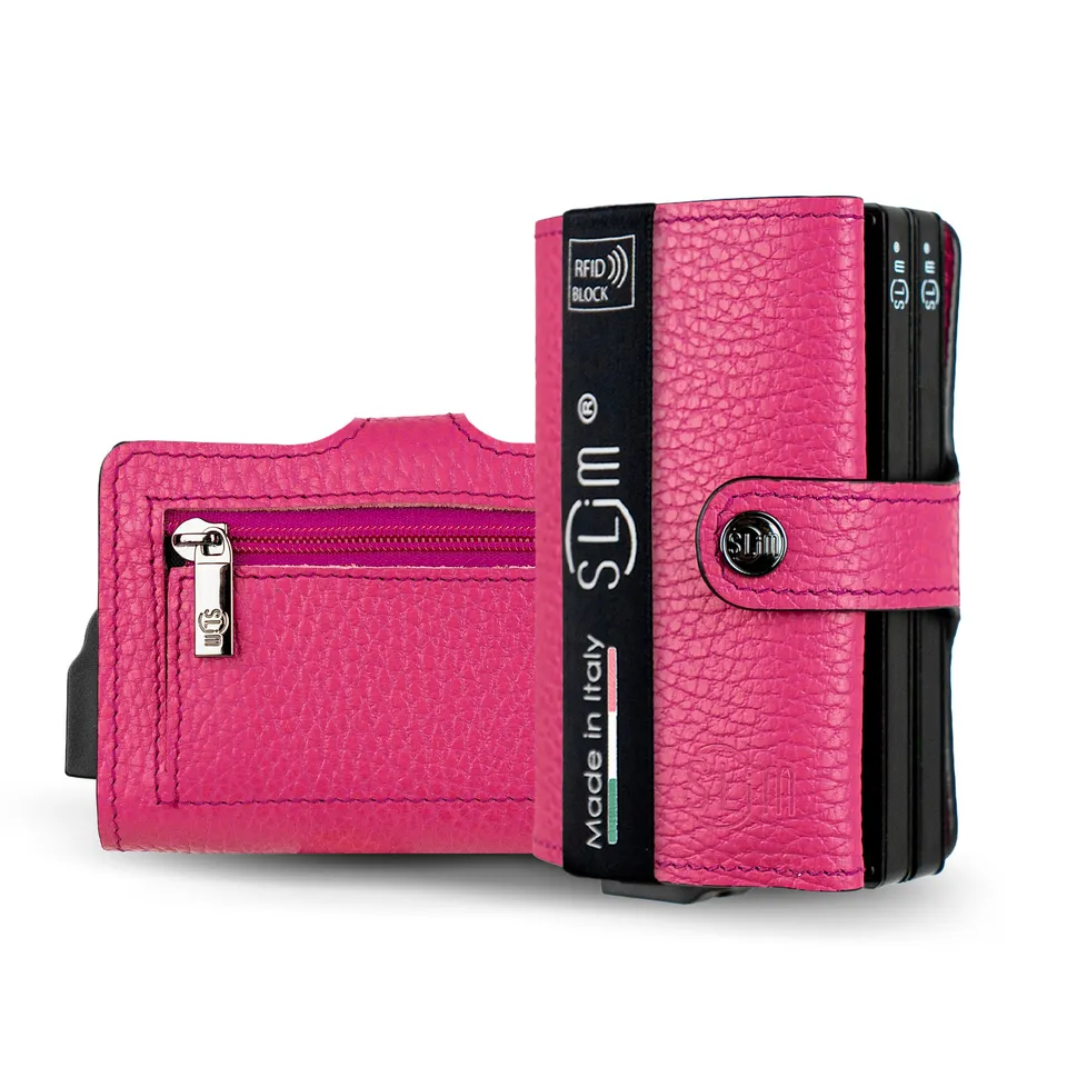SLim Bottalato portafoglio pelle Fucsia doppia cassa