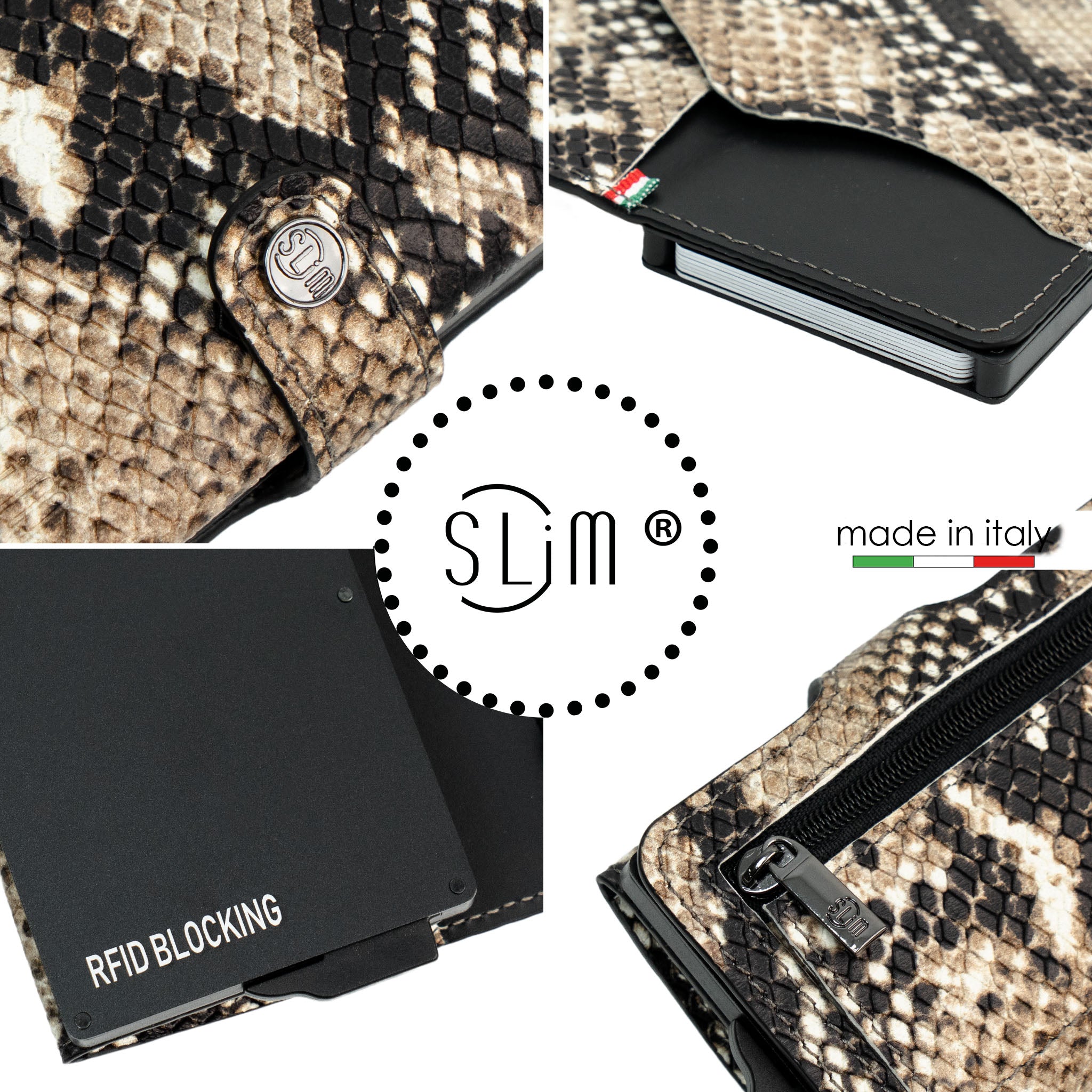 SLim Vera Pelle portafoglio compatto Rettile Beige RFID
