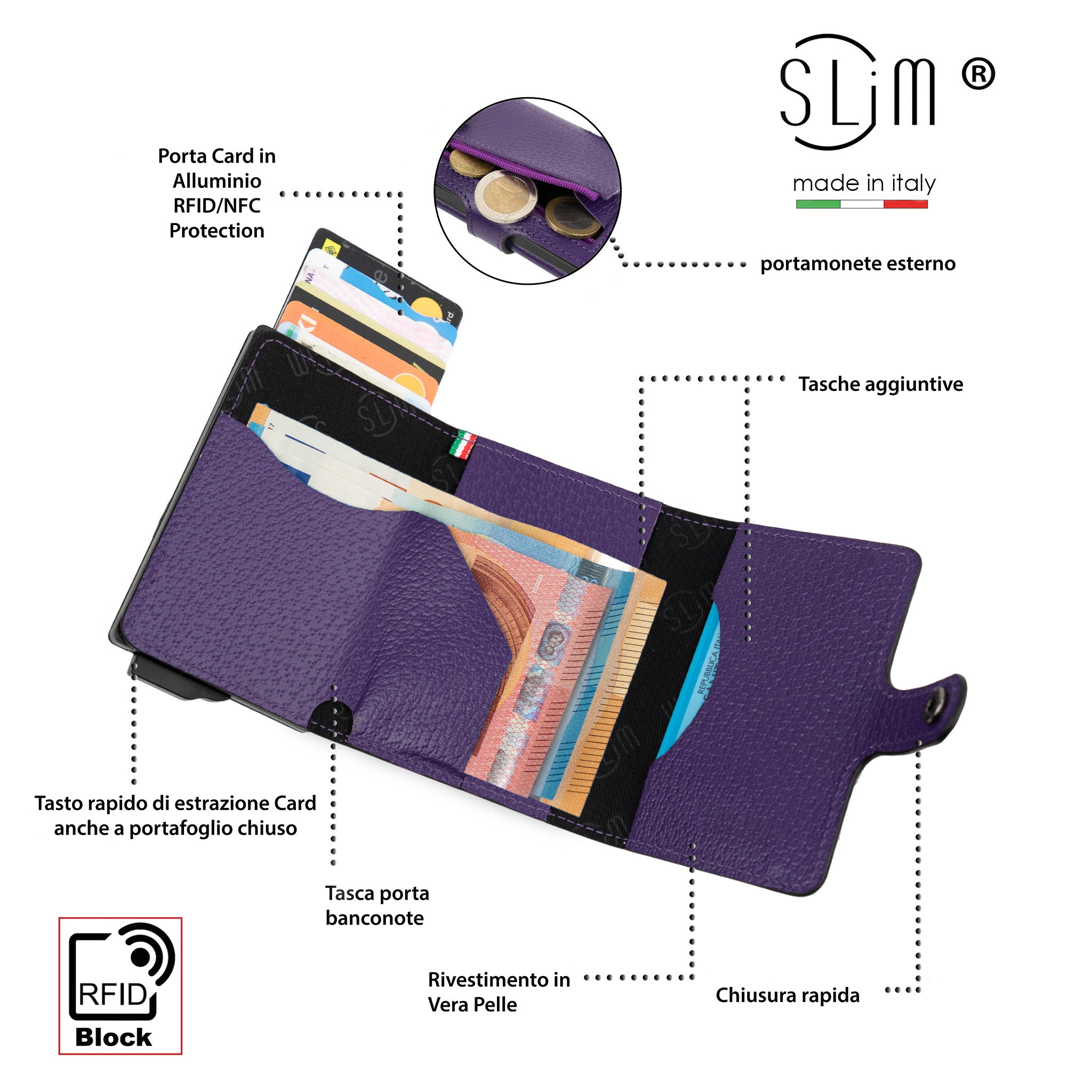 SLim Vera Pelle Cinghialino portafoglio compatto viola