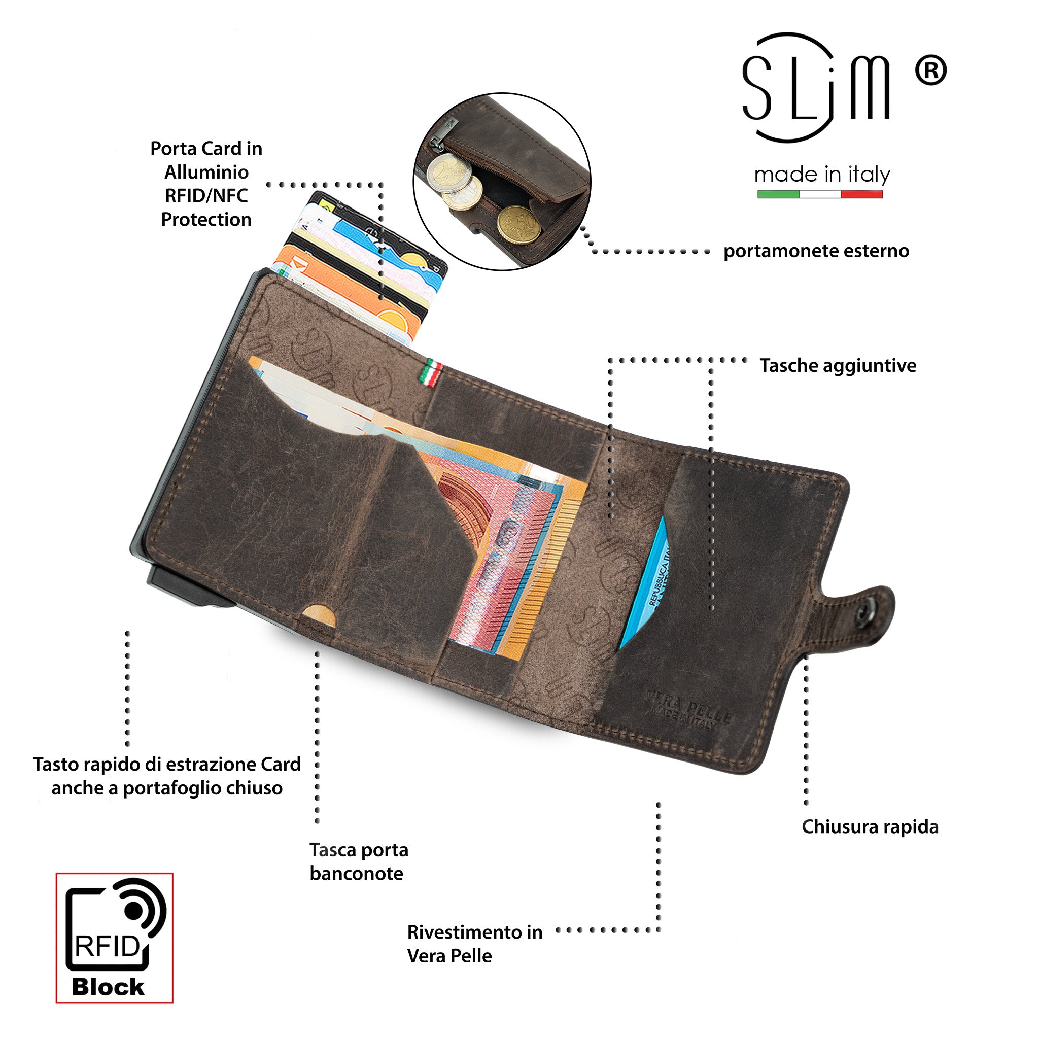 SLim Crazy Horse Portacarte Pelle Brown con Zip RFID